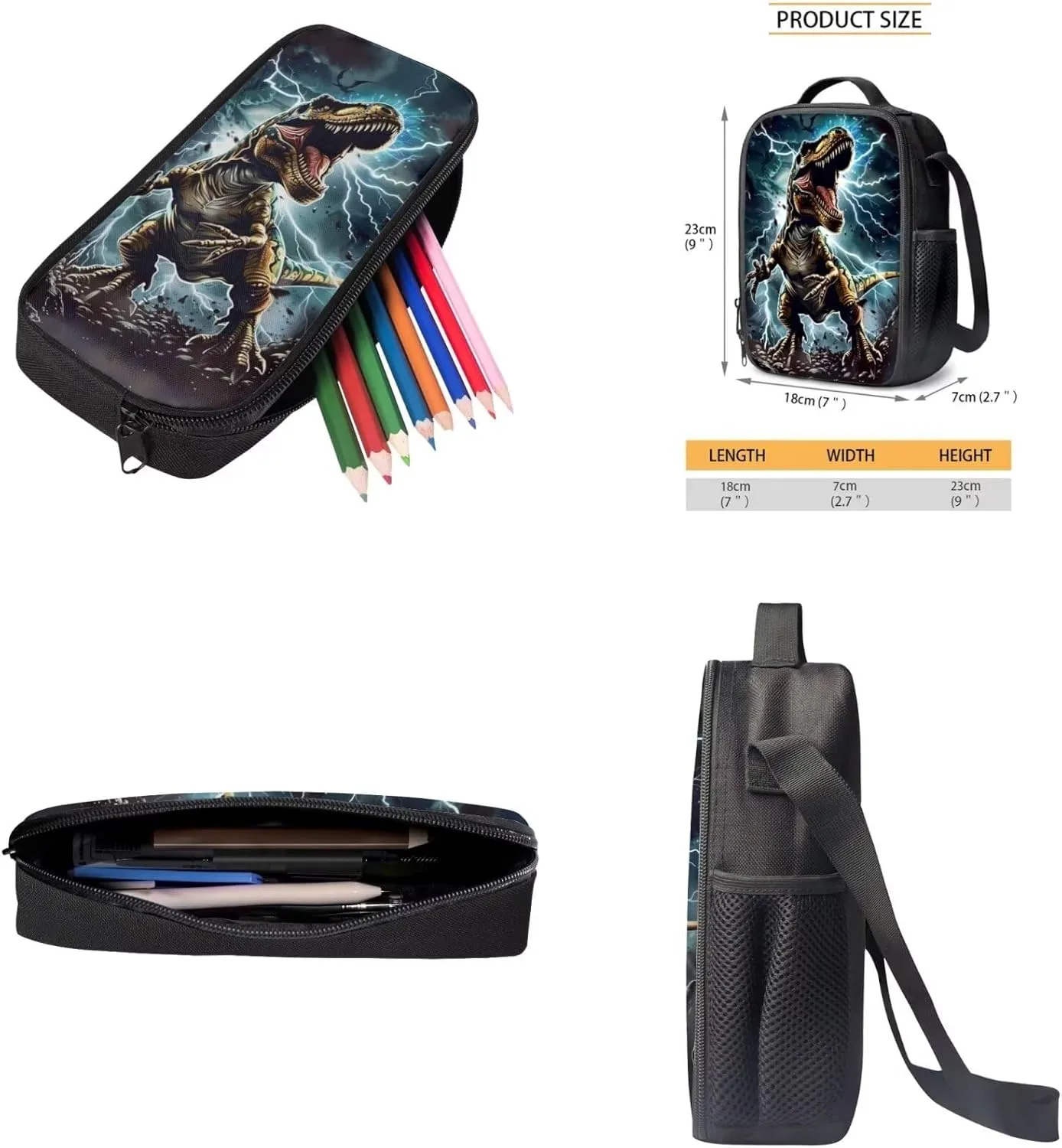 Lotusorchid 3D Dinosaur School Bag for Boys 10-12, Cool Kids Bookbag with Lunch Bag Pencil Case, Students Knapsack with Zipper Pocket, 3PCs School Backpacks Set for Elementary School, Blue and Green