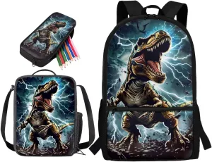 Lotusorchid 3D Dinosaur School Bag for Boys 10-12, Cool Kids Bookbag with Lunch Bag Pencil Case, Students Knapsack with Zipper Pocket, 3PCs School Backpacks Set for Elementary School, Blue and Green