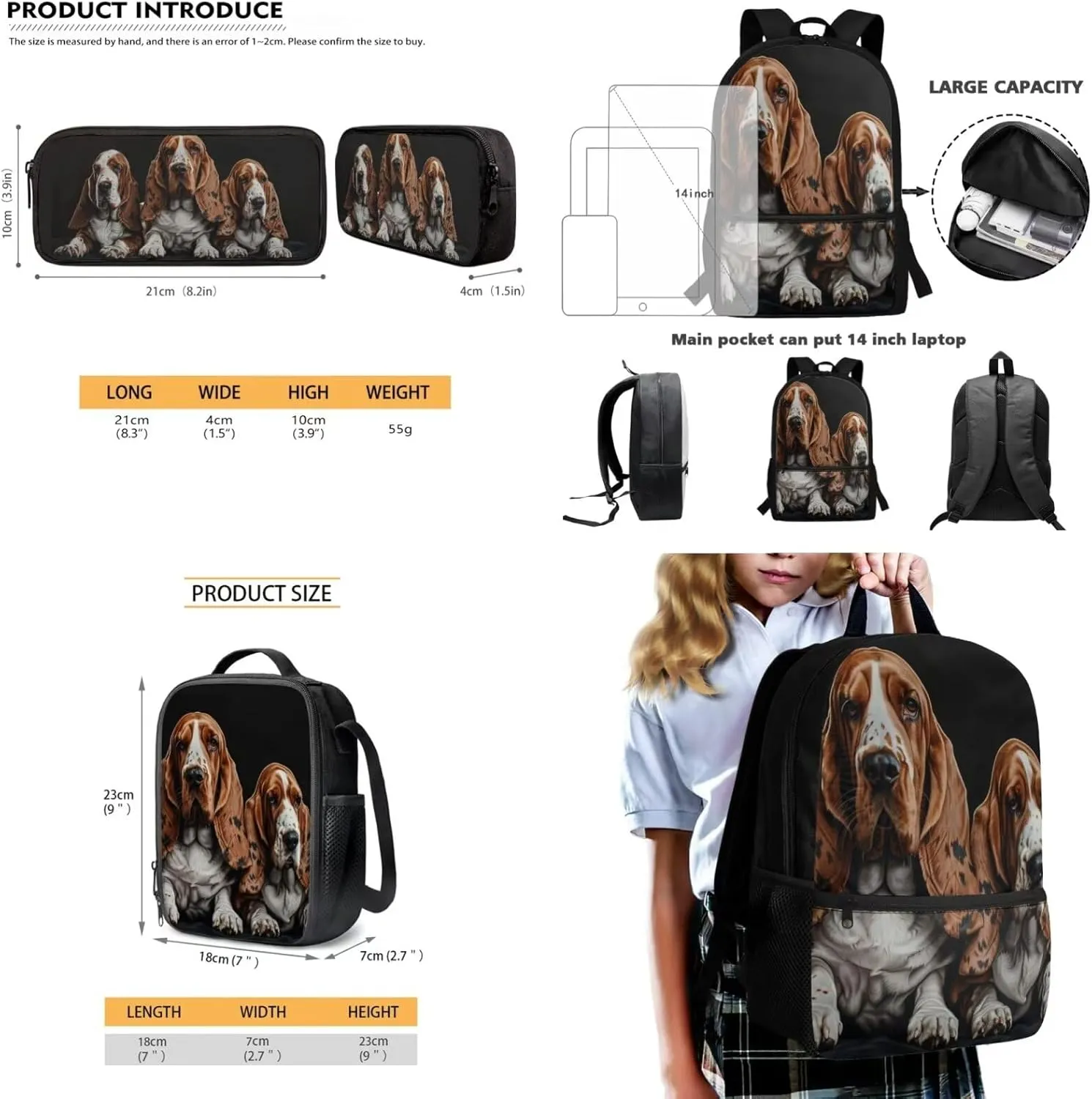 Lotusorchid Basset Hound Students Bookbag for Kids 6-8, Storage School Backpacks with Lunch Bag Pencil Case, Kids School Bag with External Pocket, Portable 3PCs Backpack Set for Boys Girls, Black