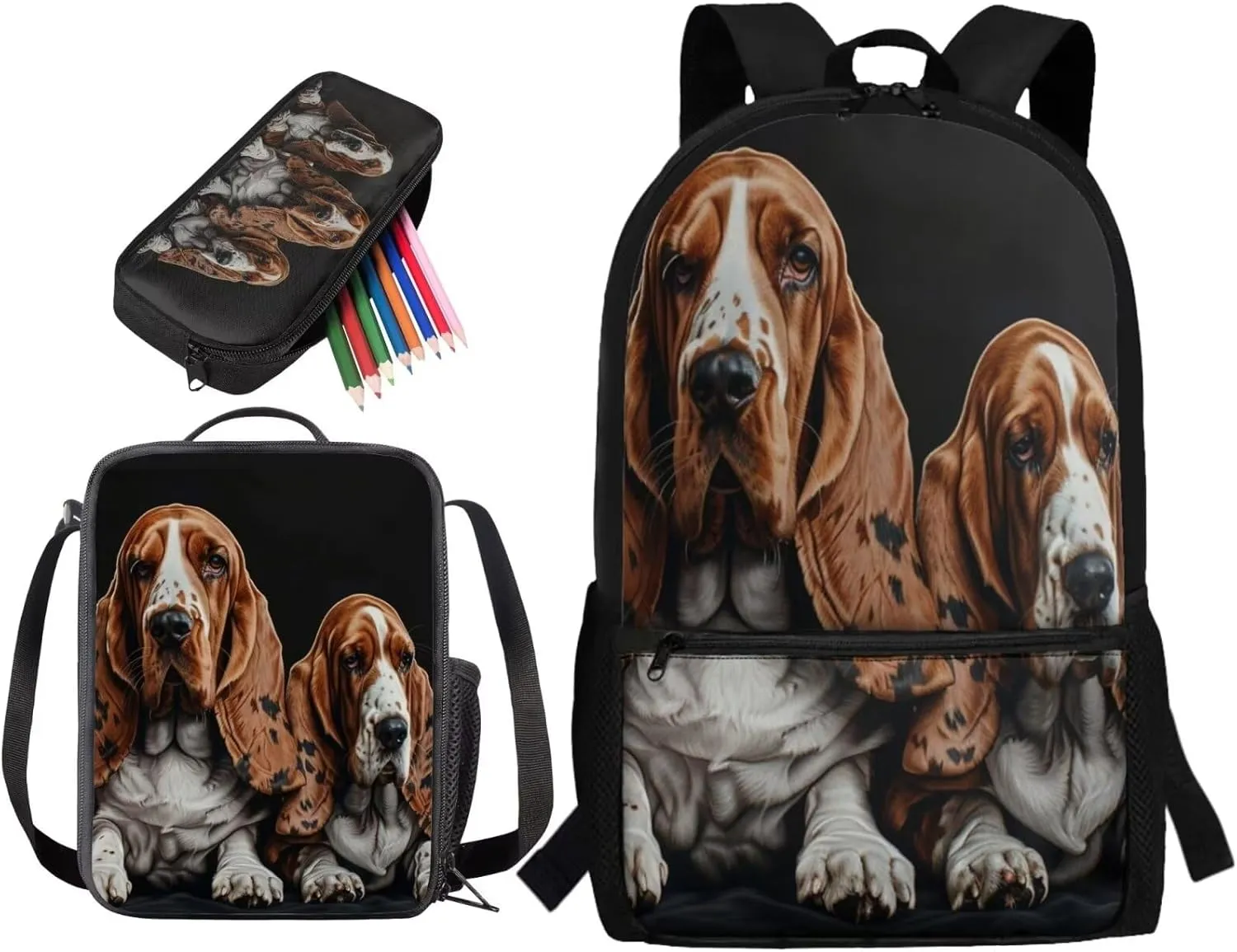Lotusorchid Basset Hound Students Bookbag for Kids 6-8, Storage School Backpacks with Lunch Bag Pencil Case, Kids School Bag with External Pocket, Portable 3PCs Backpack Set for Boys Girls, Black