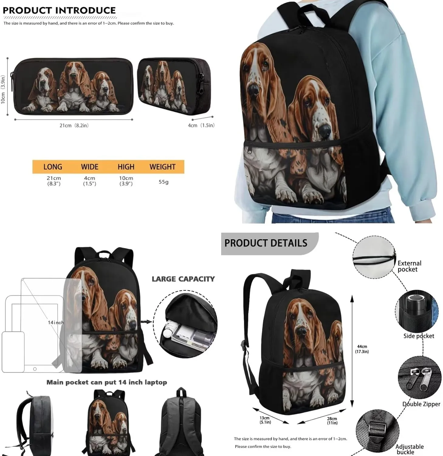 Lotusorchid Basset Hound Students Bookbag for Kids 6-8, Storage School Backpacks with Lunch Bag Pencil Case, Kids School Bag with External Pocket, Portable 3PCs Backpack Set for Boys Girls, Black
