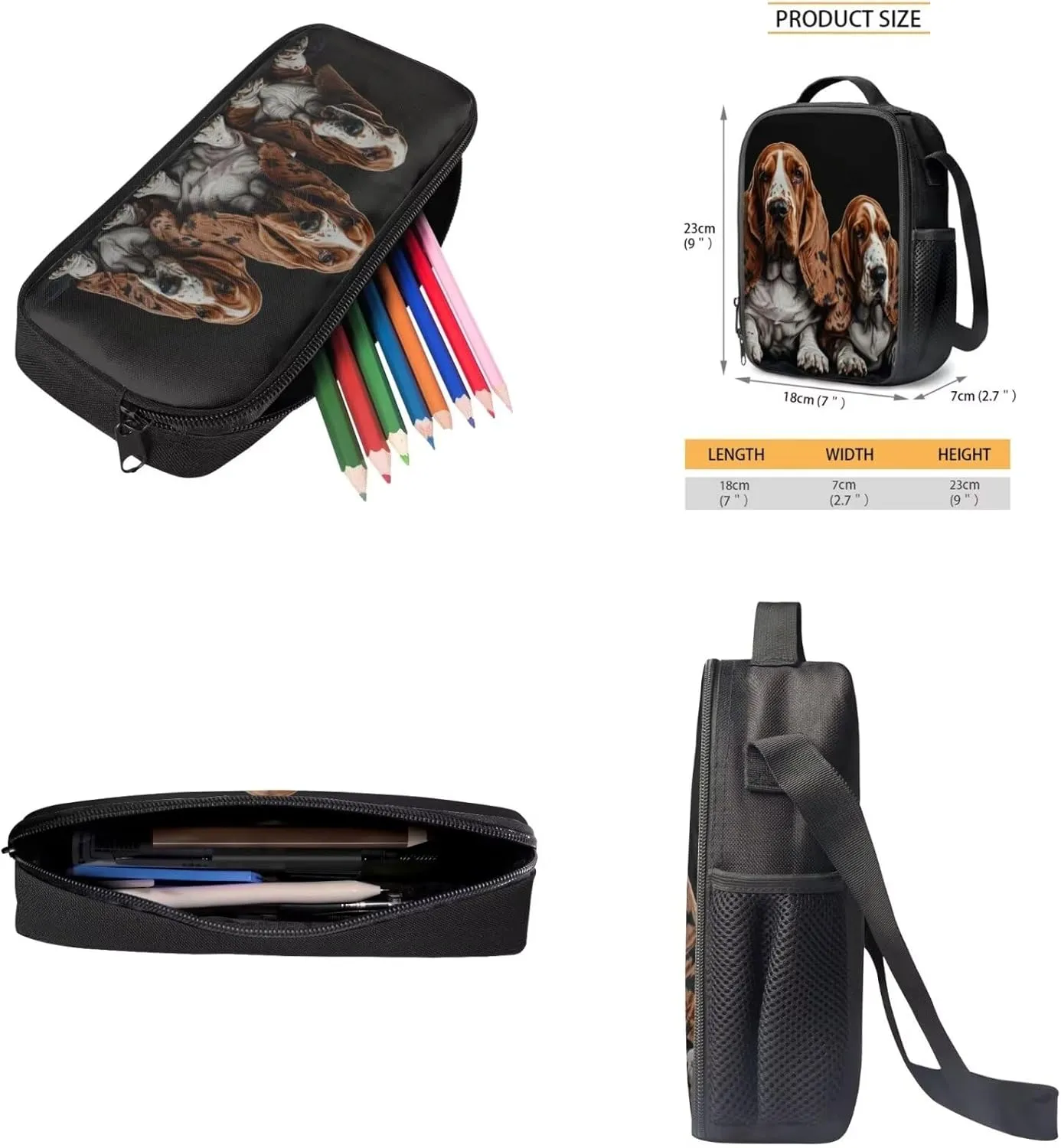 Lotusorchid Basset Hound Students Bookbag for Kids 6-8, Storage School Backpacks with Lunch Bag Pencil Case, Kids School Bag with External Pocket, Portable 3PCs Backpack Set for Boys Girls, Black
