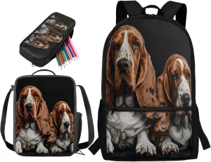 Lotusorchid Basset Hound Students Bookbag for Kids 6-8, Storage School Backpacks with Lunch Bag Pencil Case, Kids School Bag with External Pocket, Portable 3PCs Backpack Set for Boys Girls, Black