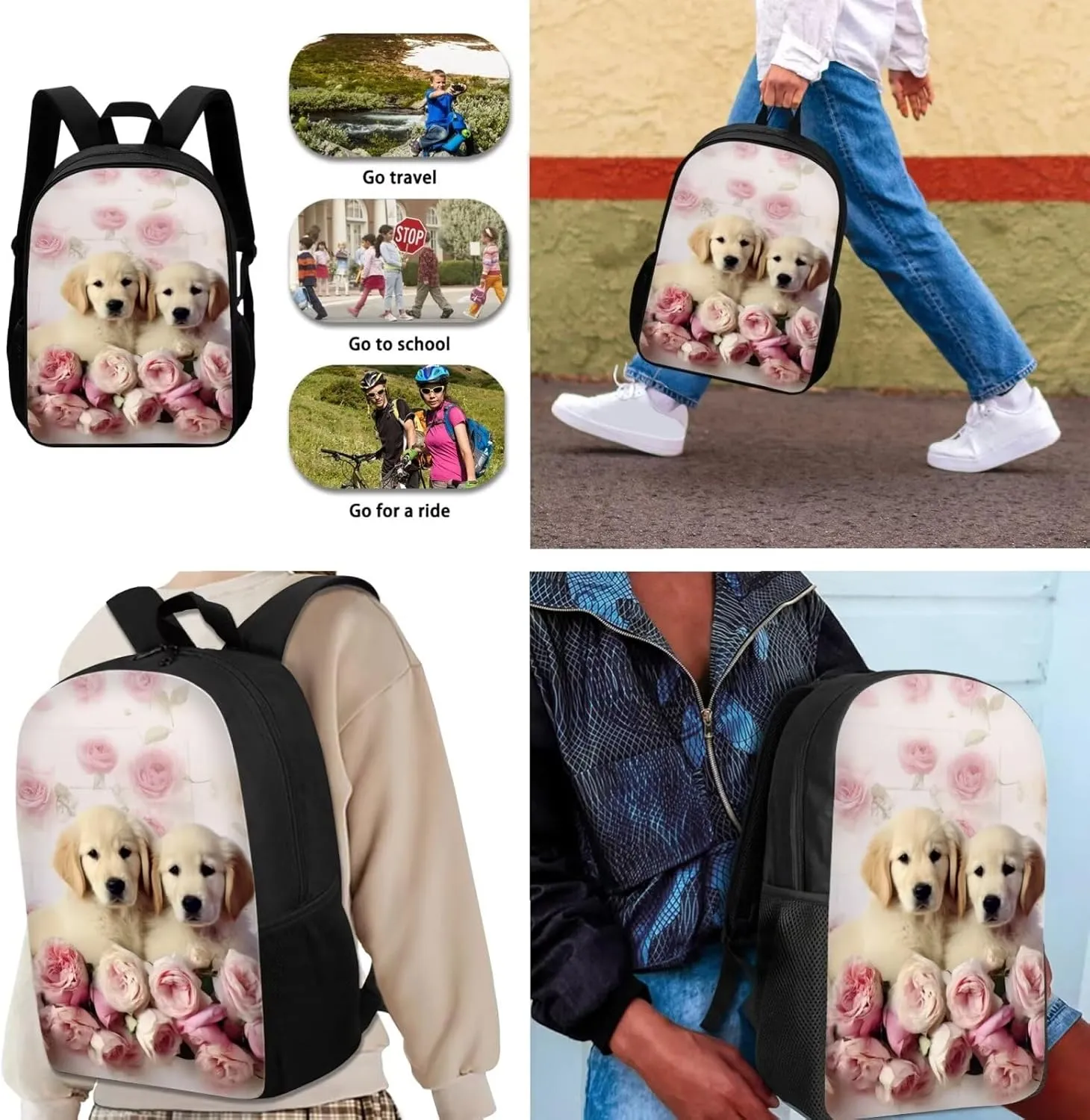 Lotusorchid Golden Retriever Backpack Set for School, Portable Students Bookbag Cute Bookpack Sets Sturdy School Bag with Lunch Bag Pencil Case, 3PCs Bookbag Set for Elementary Middle High School