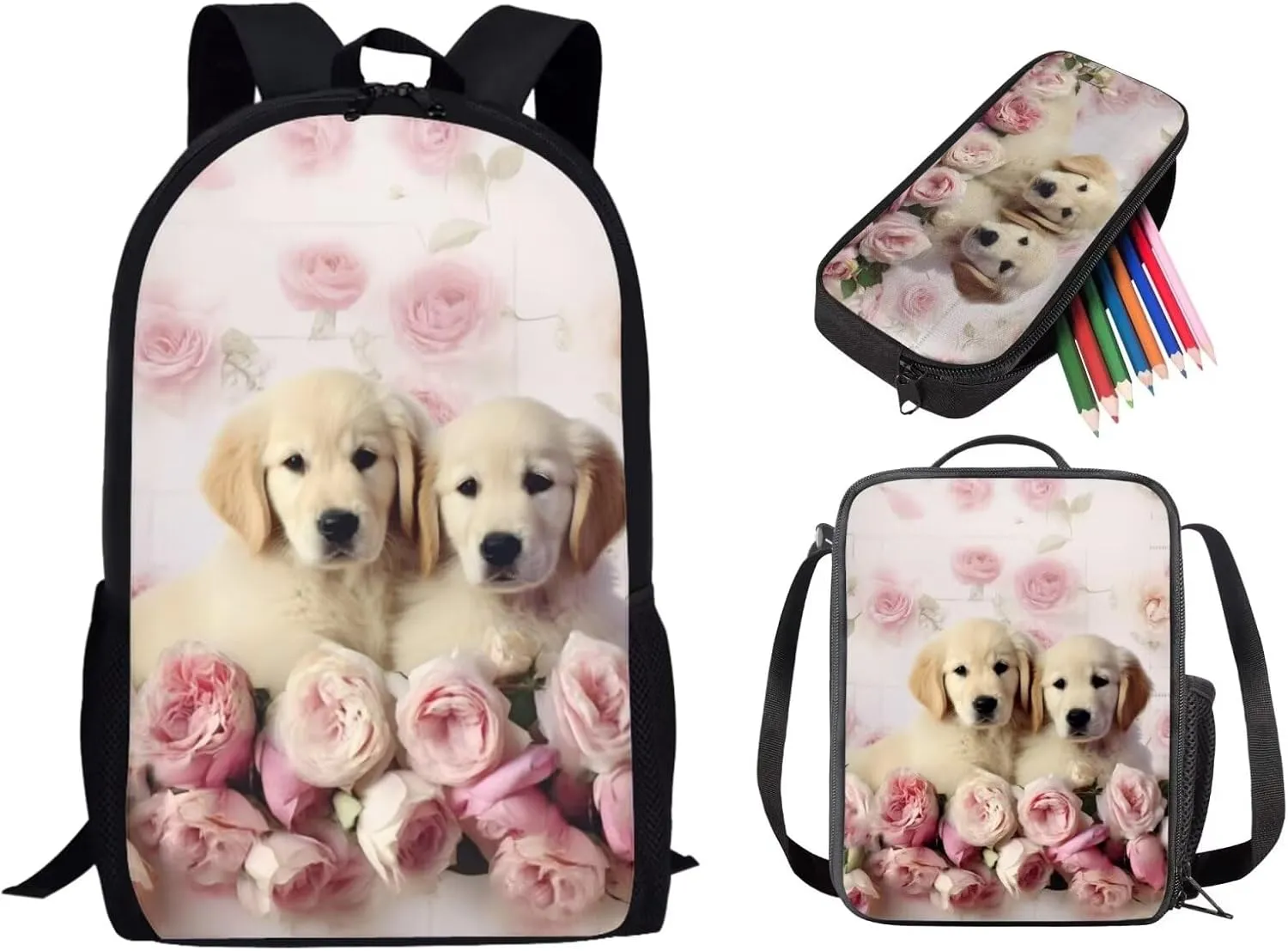 Lotusorchid Golden Retriever Backpack Set for School, Portable Students Bookbag Cute Bookpack Sets Sturdy School Bag with Lunch Bag Pencil Case, 3PCs Bookbag Set for Elementary Middle High School