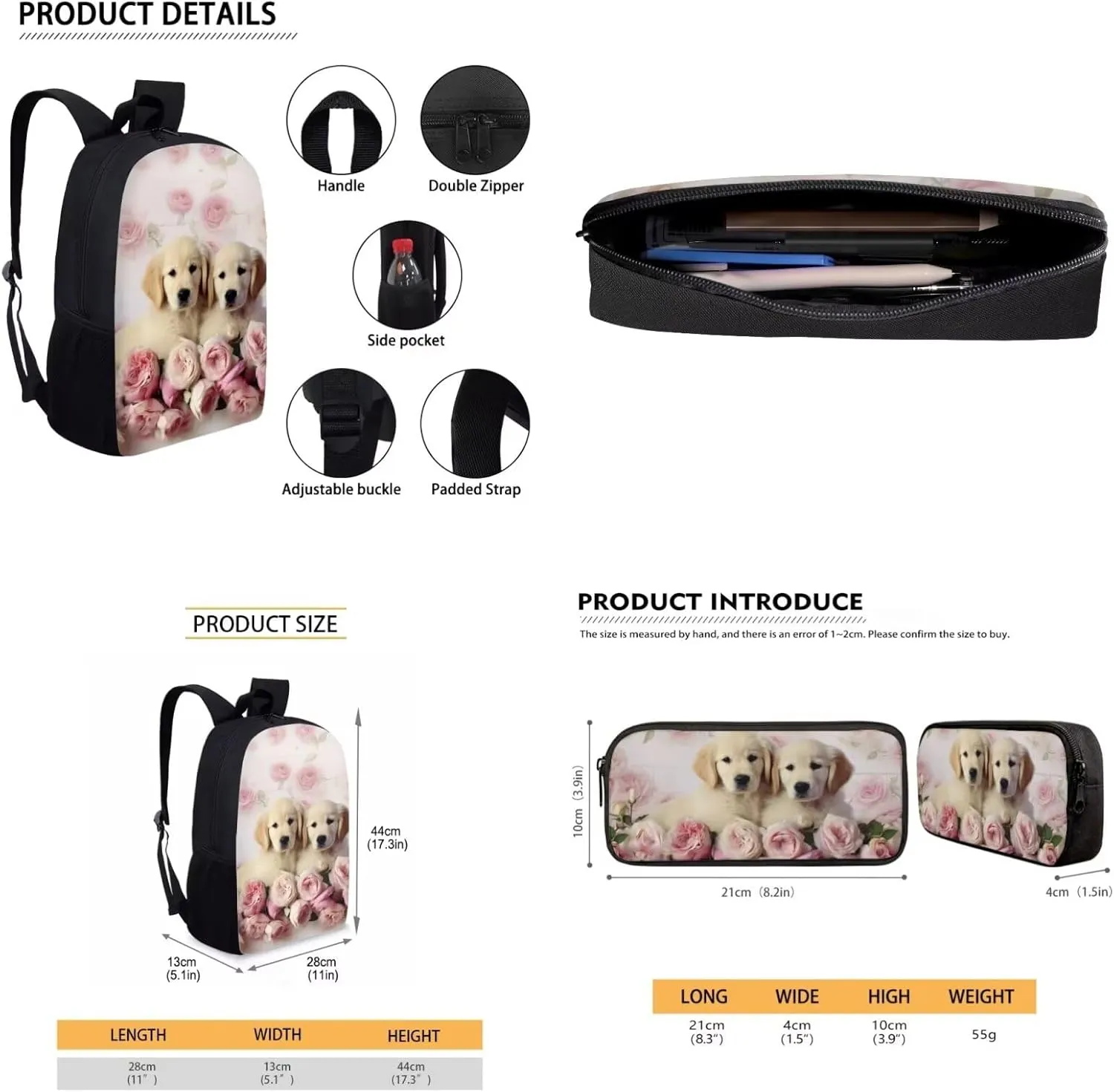 Lotusorchid Golden Retriever Backpack Set for School, Portable Students Bookbag Cute Bookpack Sets Sturdy School Bag with Lunch Bag Pencil Case, 3PCs Bookbag Set for Elementary Middle High School