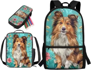 Lotusorchid Shetland Sheepdog School Bookbag for Kids 8-10, Floral School Bag with Lunch Bag Pencil Case, Comfy Bookbag with External Pocket, 3 Pack Backpack Set for Elementary Junior School, Green