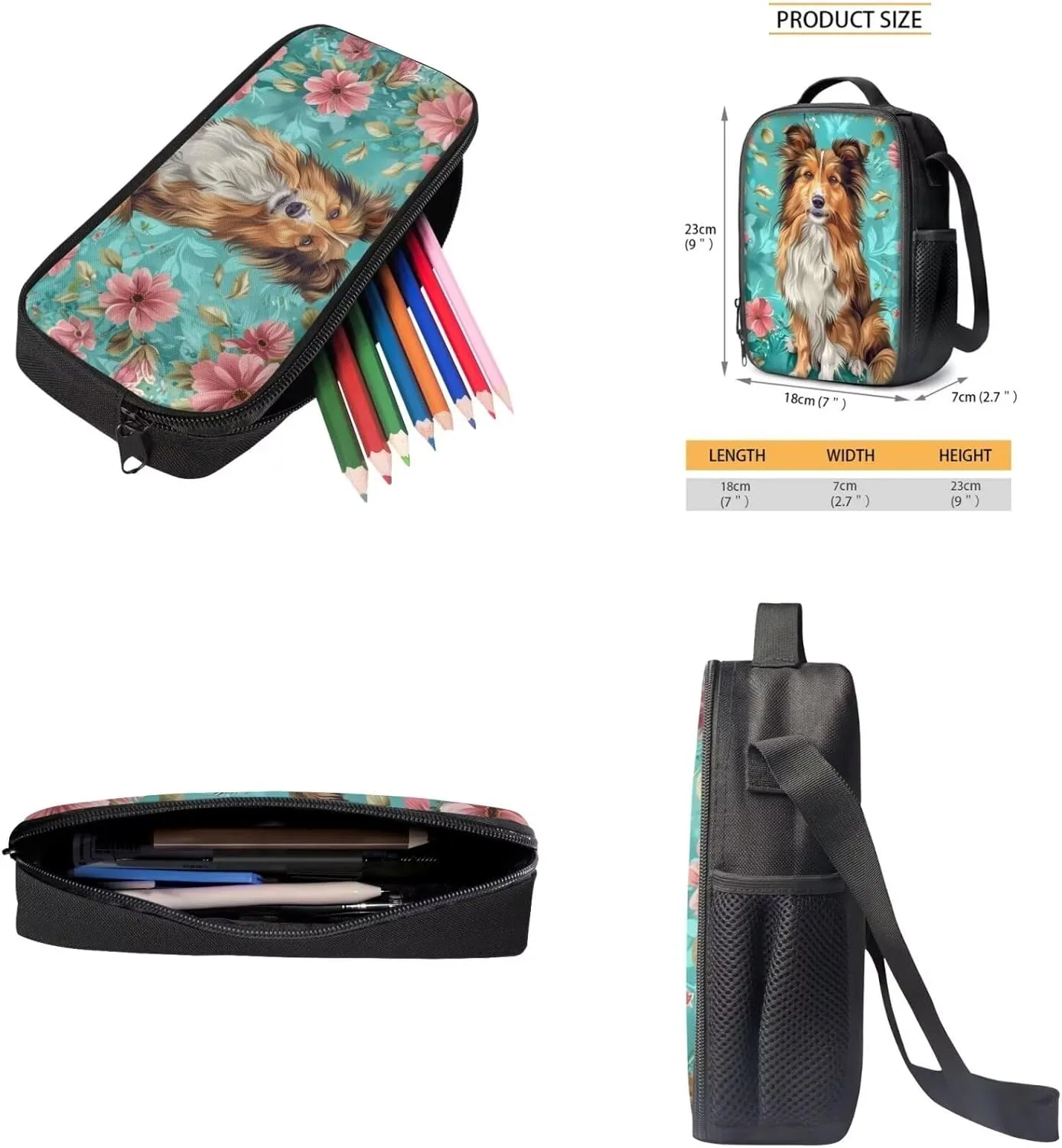 Lotusorchid Shetland Sheepdog School Bookbag for Kids 8-10, Floral School Bag with Lunch Bag Pencil Case, Comfy Bookbag with External Pocket, 3 Pack Backpack Set for Elementary Junior School, Green