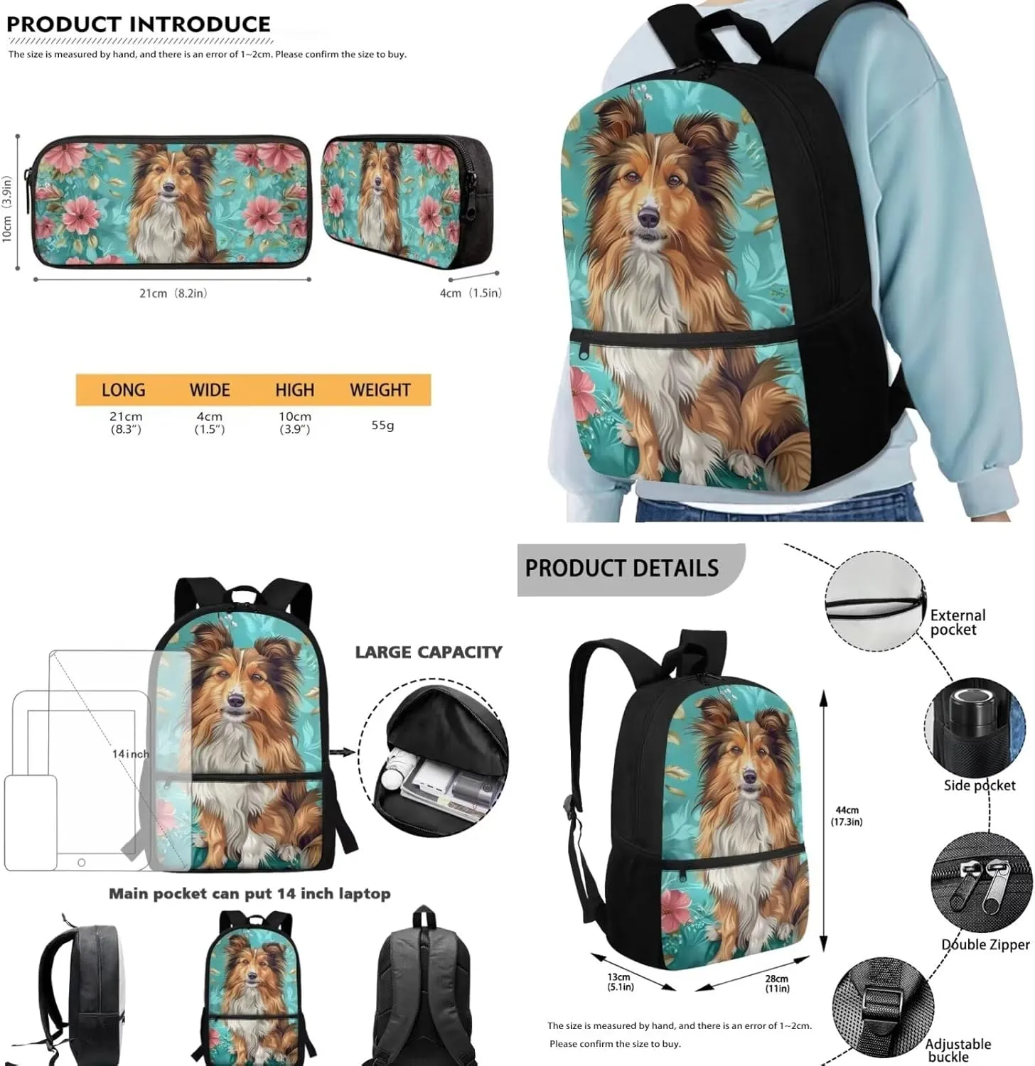 Lotusorchid Shetland Sheepdog School Bookbag for Kids 8-10, Floral School Bag with Lunch Bag Pencil Case, Comfy Bookbag with External Pocket, 3 Pack Backpack Set for Elementary Junior School, Green