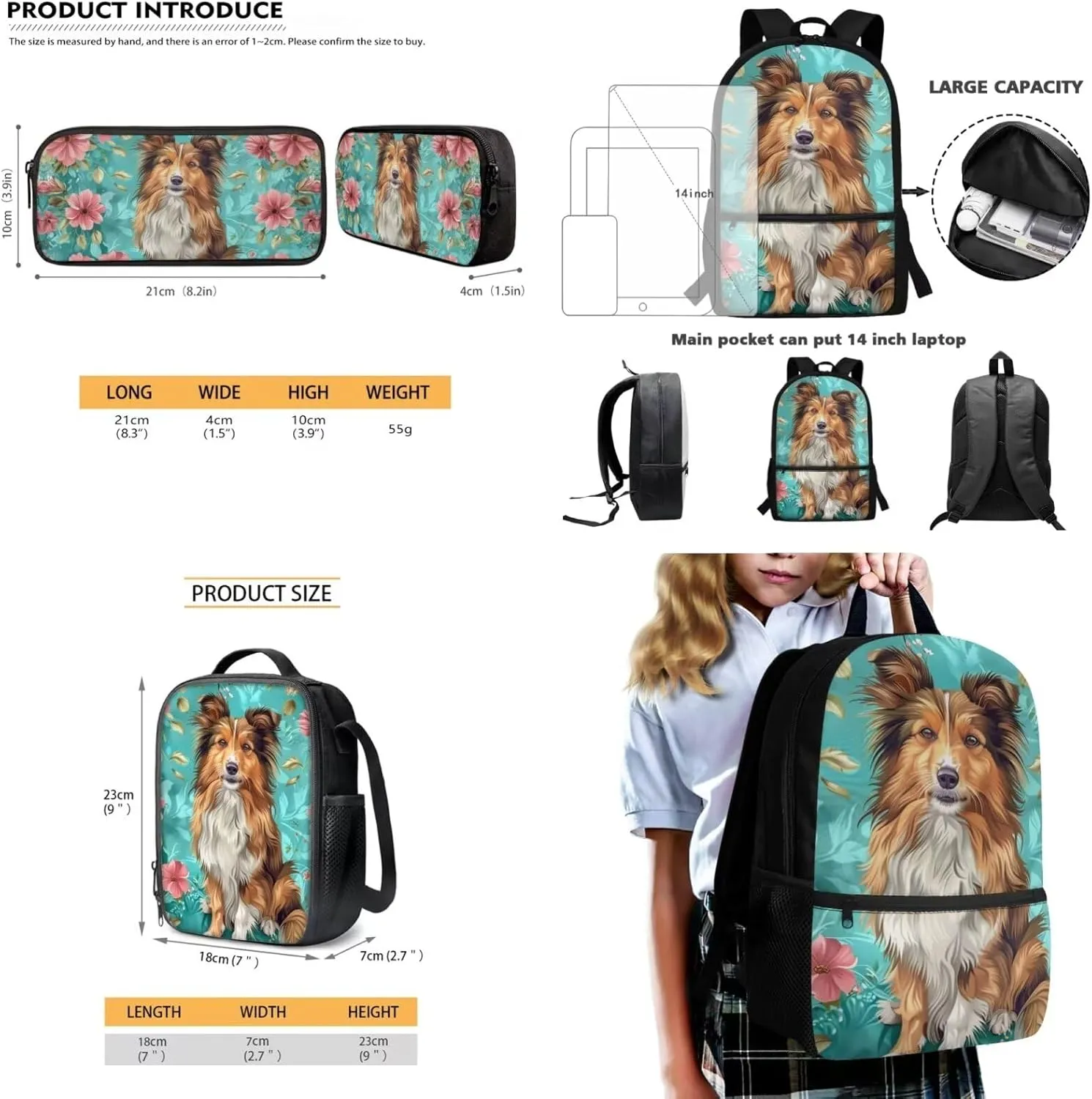 Lotusorchid Shetland Sheepdog School Bookbag for Kids 8-10, Floral School Bag with Lunch Bag Pencil Case, Comfy Bookbag with External Pocket, 3 Pack Backpack Set for Elementary Junior School, Green