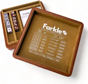 Luck Lab Farkle Dice Tray and Storage Case - Includes Embedded Scoring Combinations, 2 Sets of 6 Pearl Dice, 40 Sheet Score Pad and Pen Holder for The Classic Family Game (Brown)