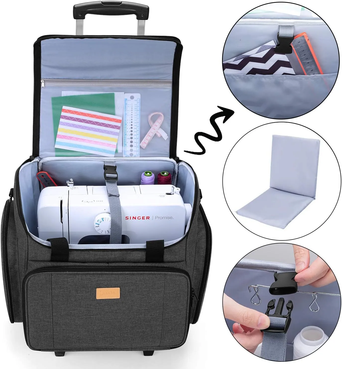 LUXJA Sewing Machine Case with Detachable Dolly, Sewing Machine Tote with Removable Bottom Pad (Patent Design), Black