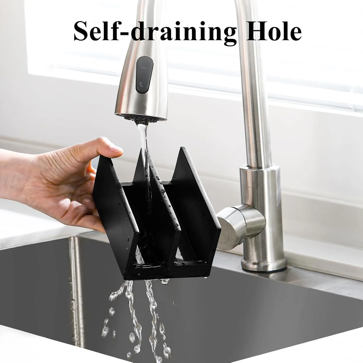 Luxspire Kitchen Sponge Holder for Sink, Dish Sponge Holder with 2 Compartments, Sponge Caddy for Kitchen Sink Counter, Sponge Holder with Drain Tray, Matte Black