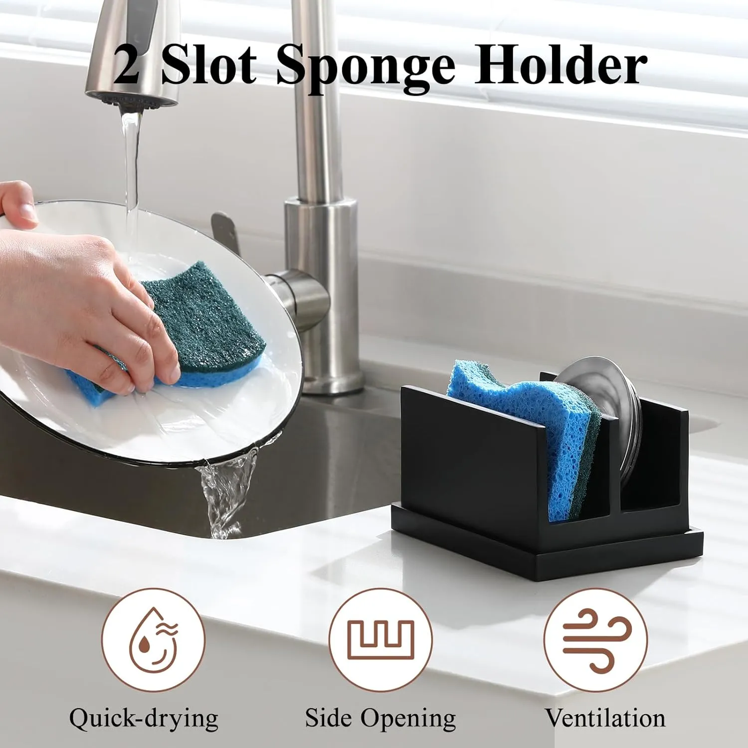 Luxspire Kitchen Sponge Holder for Sink, Dish Sponge Holder with 2 Compartments, Sponge Caddy for Kitchen Sink Counter, Sponge Holder with Drain Tray, Matte Black