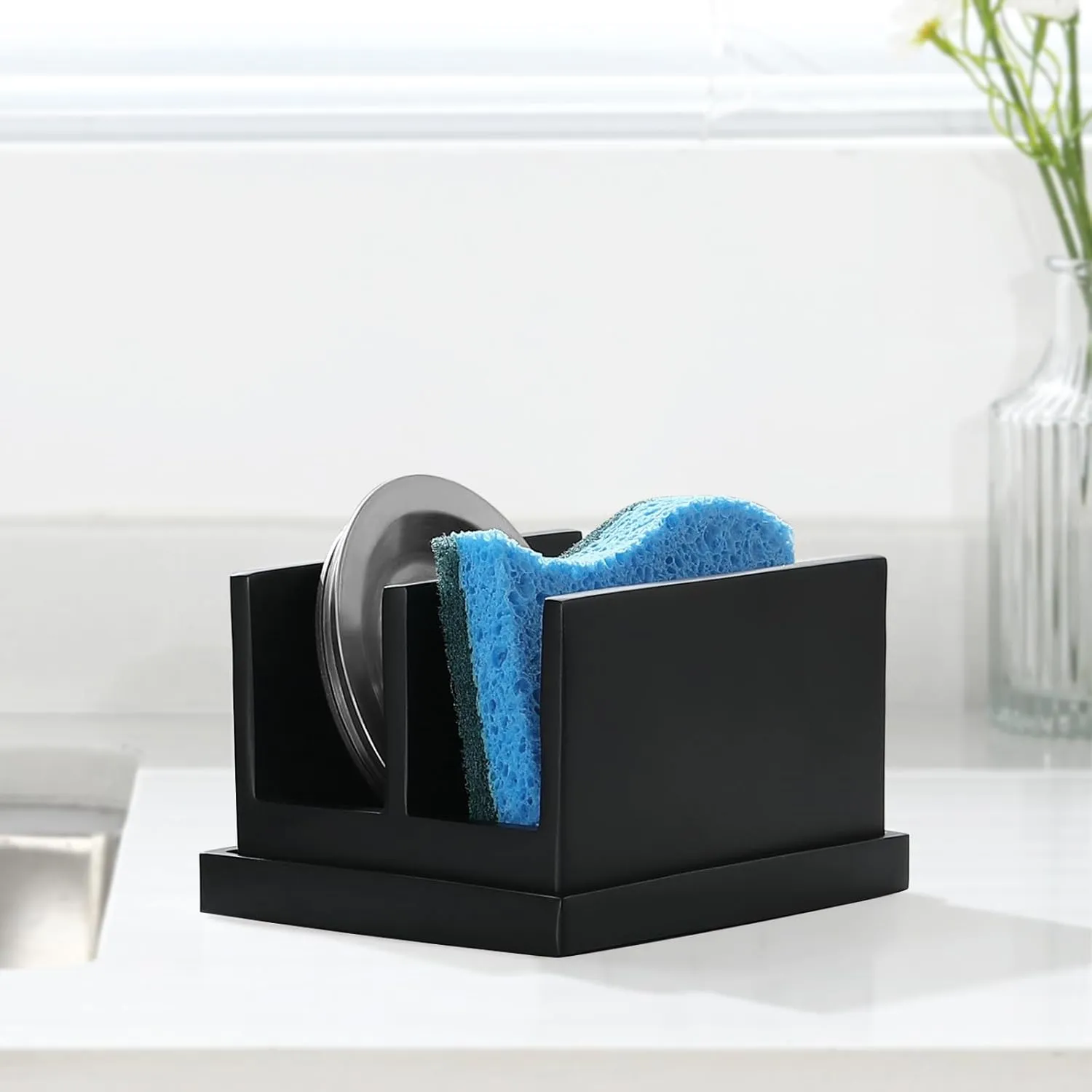 Luxspire Kitchen Sponge Holder for Sink, Dish Sponge Holder with 2 Compartments, Sponge Caddy for Kitchen Sink Counter, Sponge Holder with Drain Tray, Matte Black