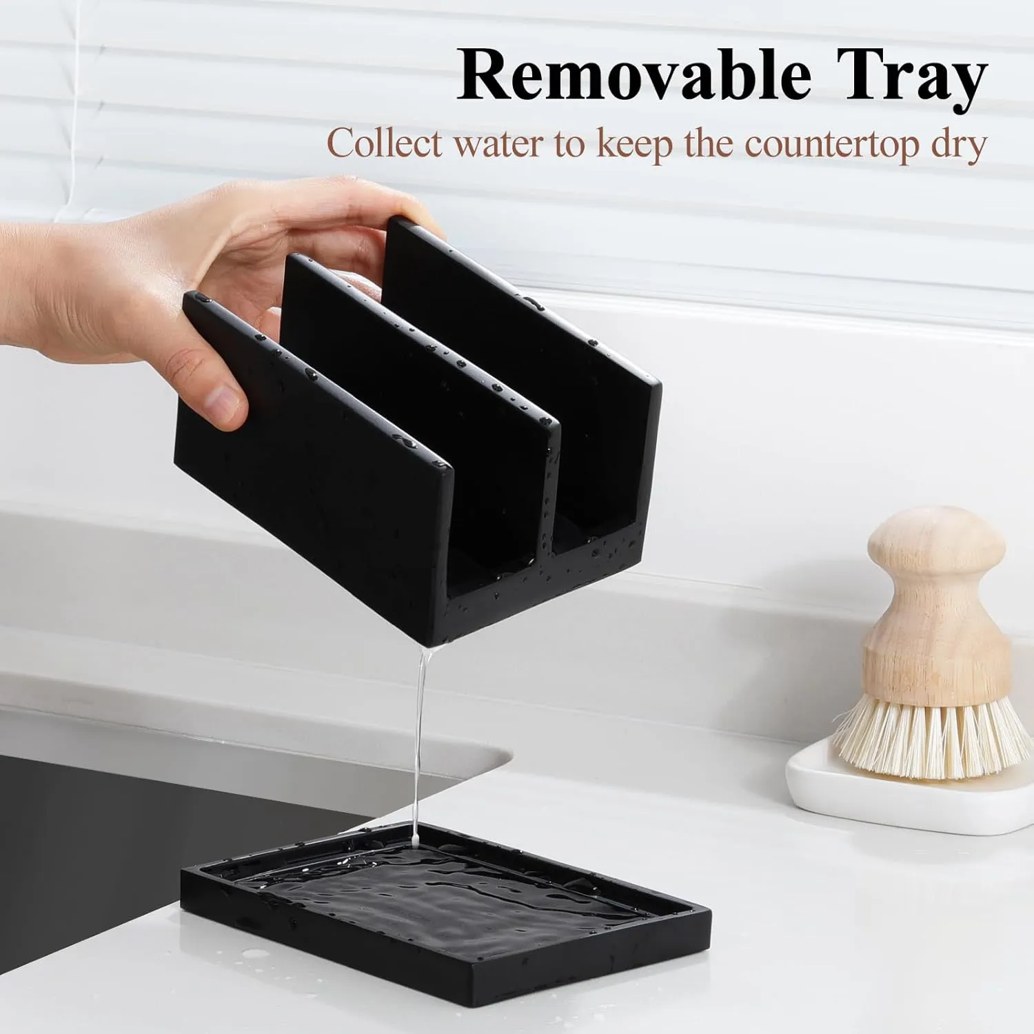 Luxspire Kitchen Sponge Holder for Sink, Dish Sponge Holder with 2 Compartments, Sponge Caddy for Kitchen Sink Counter, Sponge Holder with Drain Tray, Matte Black