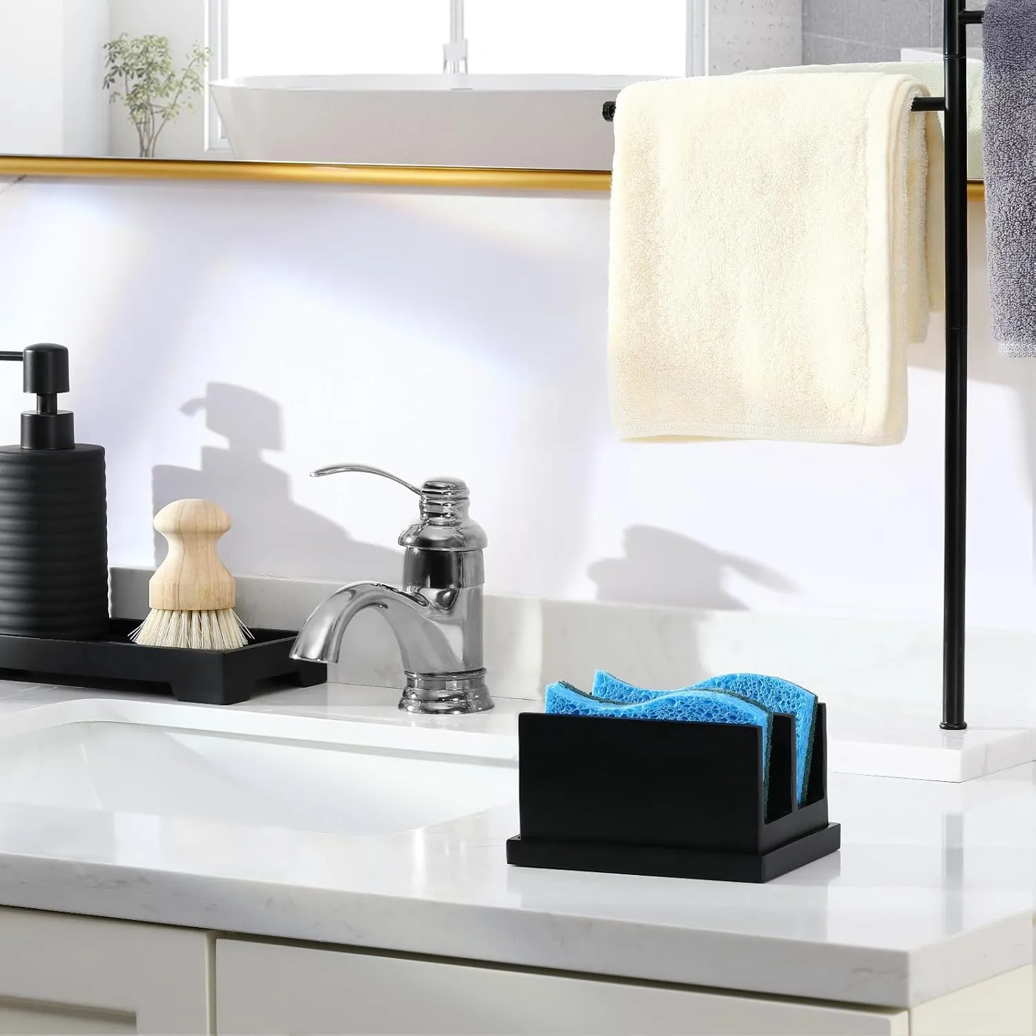 Luxspire Kitchen Sponge Holder for Sink, Dish Sponge Holder with 2 Compartments, Sponge Caddy for Kitchen Sink Counter, Sponge Holder with Drain Tray, Matte Black