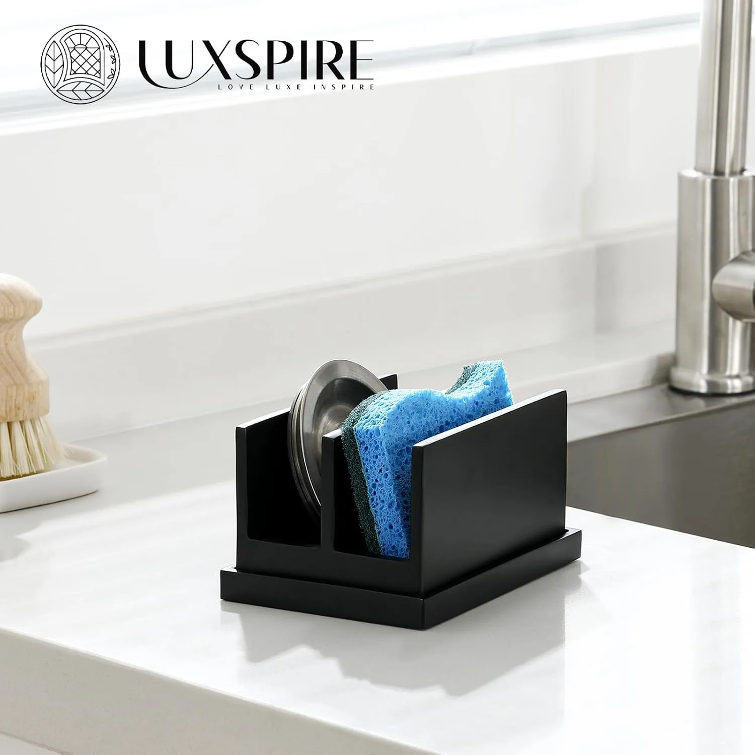 Luxspire Kitchen Sponge Holder for Sink, Dish Sponge Holder with 2 Compartments, Sponge Caddy for Kitchen Sink Counter, Sponge Holder with Drain Tray, Matte Black