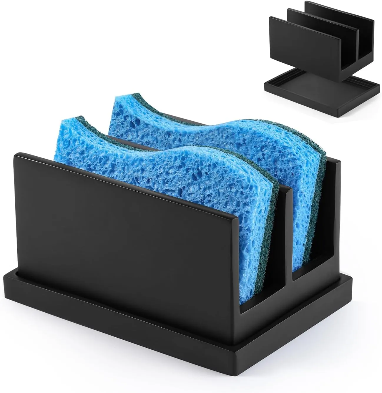 Luxspire Kitchen Sponge Holder for Sink, Dish Sponge Holder with 2 Compartments, Sponge Caddy for Kitchen Sink Counter, Sponge Holder with Drain Tray, Matte Black