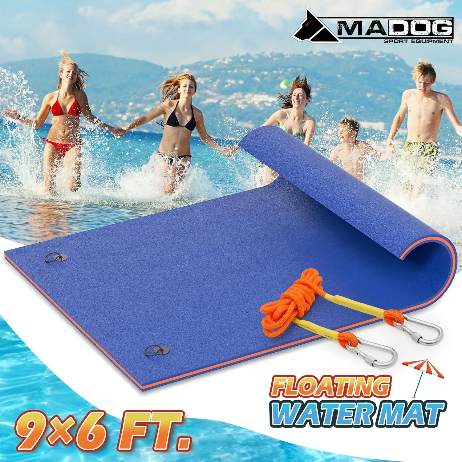 MADOG 9 x 6 Ft Outdoor Floating Water Mat for Adult Beach Lake Ocean Swimming Pool Large Size 3 Layer Tear Resistant XPE Foam Giant Swim Tanning Float Island Pad Raft Recreation Hammock Lounger Blue