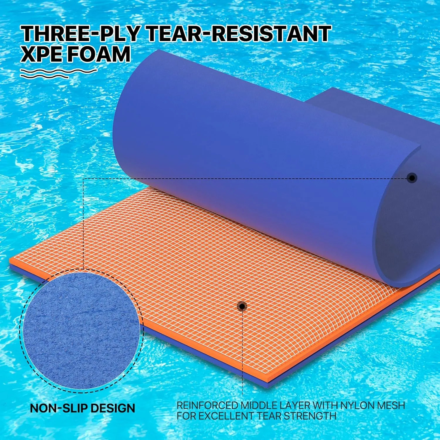 MADOG 9 x 6 Ft Outdoor Floating Water Mat for Adult Beach Lake Ocean Swimming Pool Large Size 3 Layer Tear Resistant XPE Foam Giant Swim Tanning Float Island Pad Raft Recreation Hammock Lounger Blue