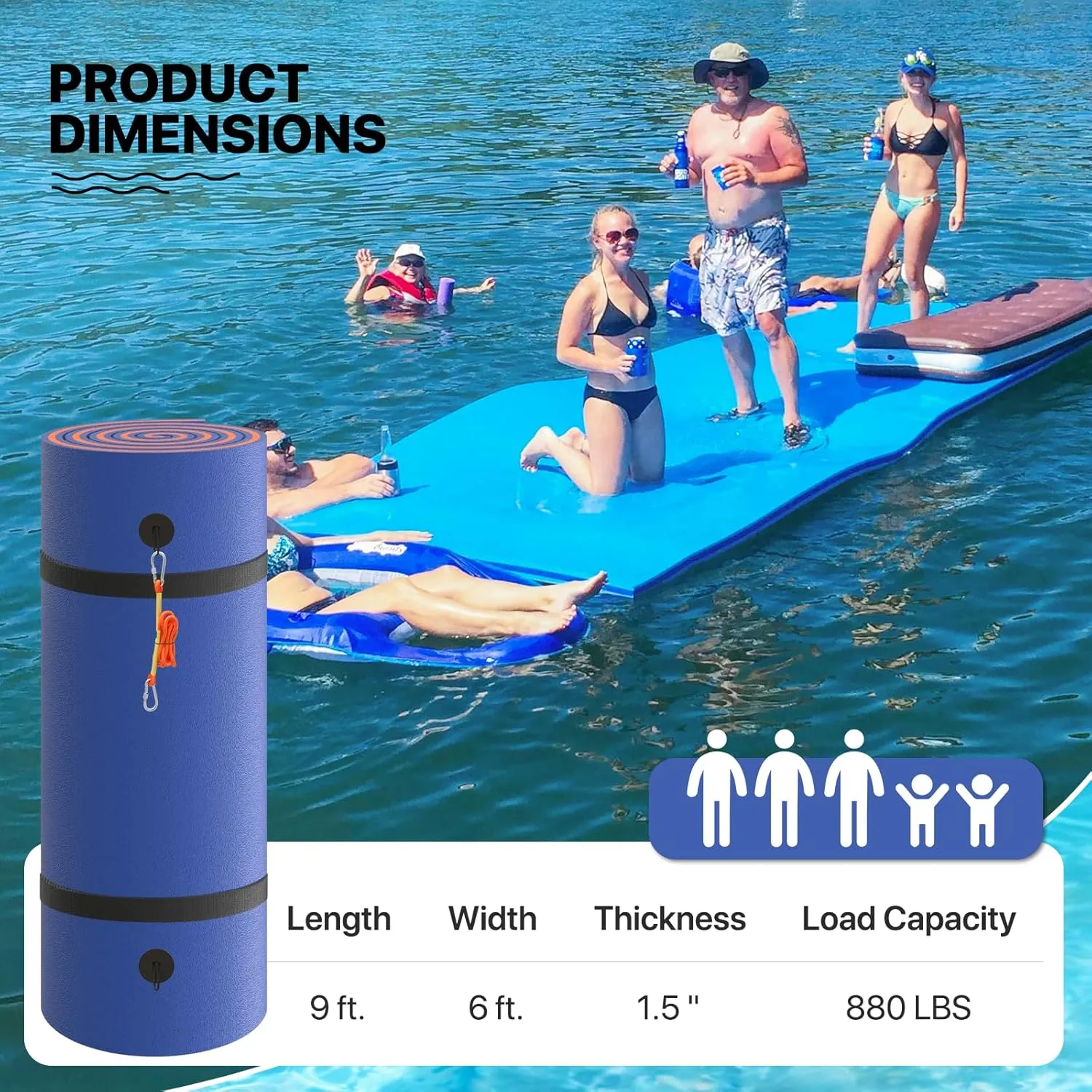 MADOG 9 x 6 Ft Outdoor Floating Water Mat for Adult Beach Lake Ocean Swimming Pool Large Size 3 Layer Tear Resistant XPE Foam Giant Swim Tanning Float Island Pad Raft Recreation Hammock Lounger Blue