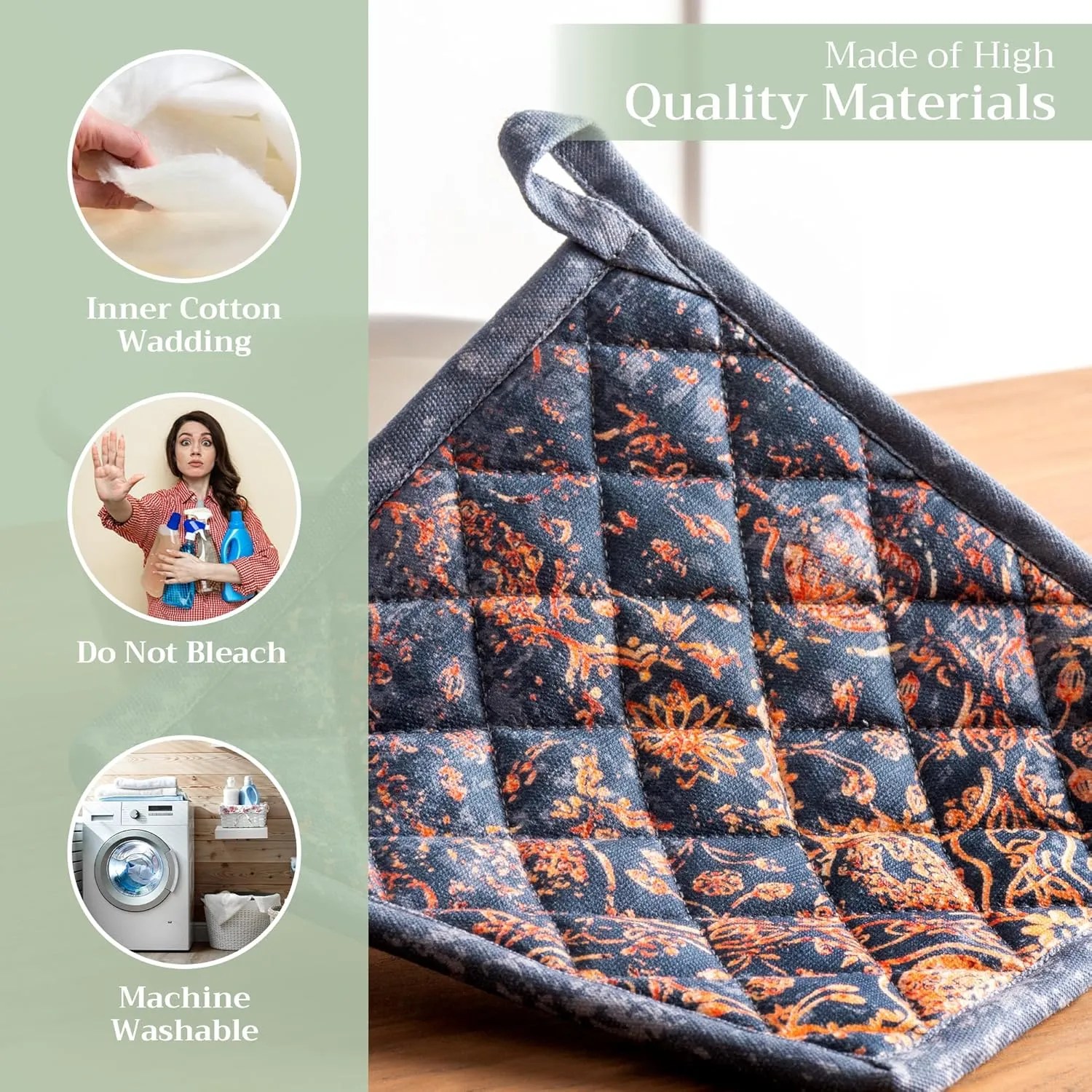 Maison d'Hermine Pot Holders Set 100% Cotton Heat Resistant Potholders 8" x 8" Hot Pads with Loop BBQ, Cooking, Baking, Grilling, Kitchen, Handling Hot Pans (Pack of 2, Imperfection)