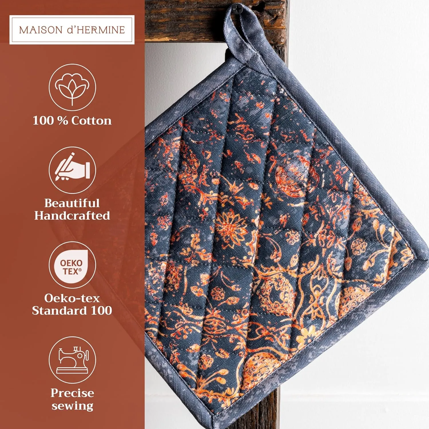 Maison d'Hermine Pot Holders Set 100% Cotton Heat Resistant Potholders 8" x 8" Hot Pads with Loop BBQ, Cooking, Baking, Grilling, Kitchen, Handling Hot Pans (Pack of 2, Imperfection)