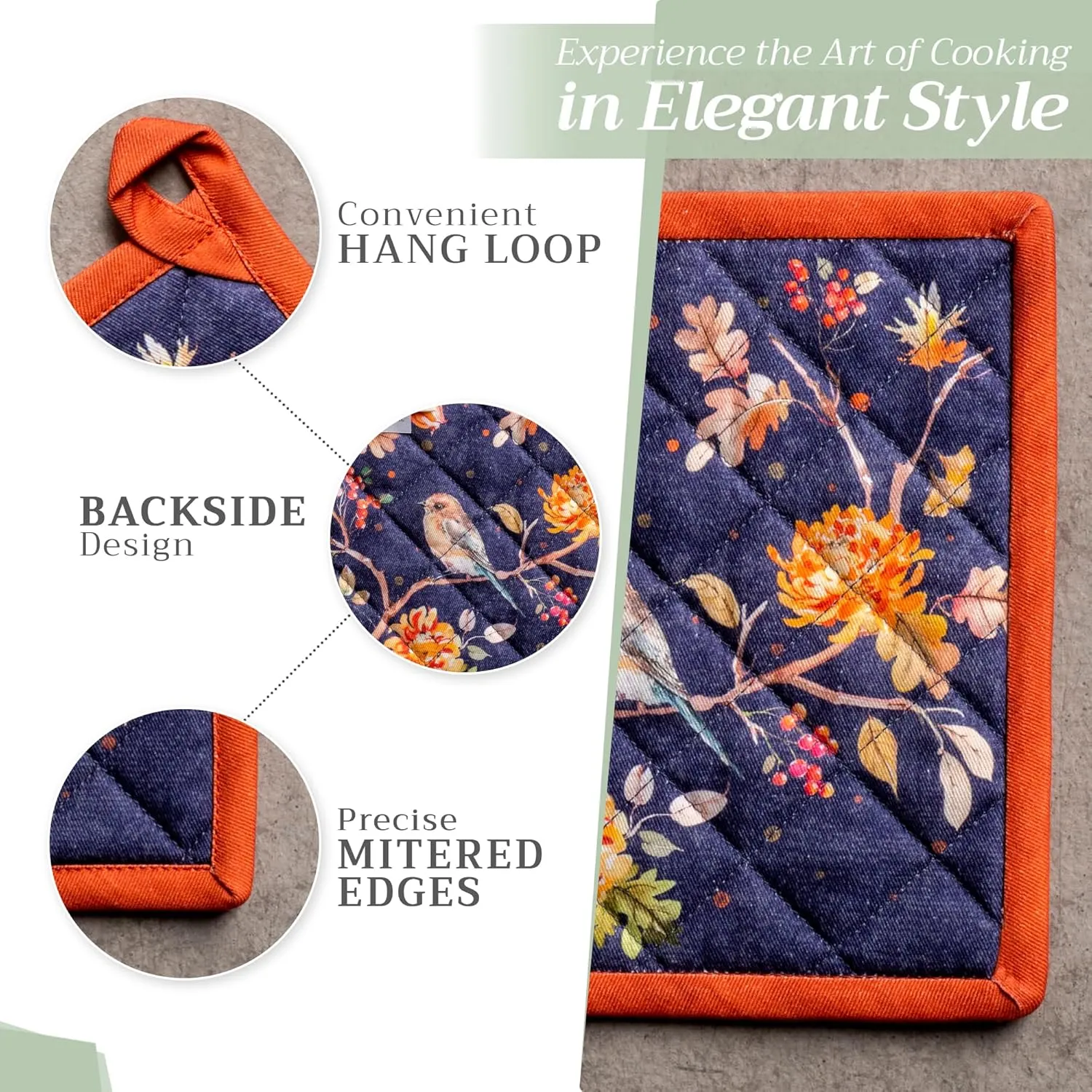 Maison d'Hermine Pot Holders Set 100% Cotton Heat Resistant Potholders 8" x 8" Hot Pads with Loop BBQ, Cooking, Baking, Grilling, Kitchen, Handling Hot Pans (Pack of 2, Kelim - Infinity)