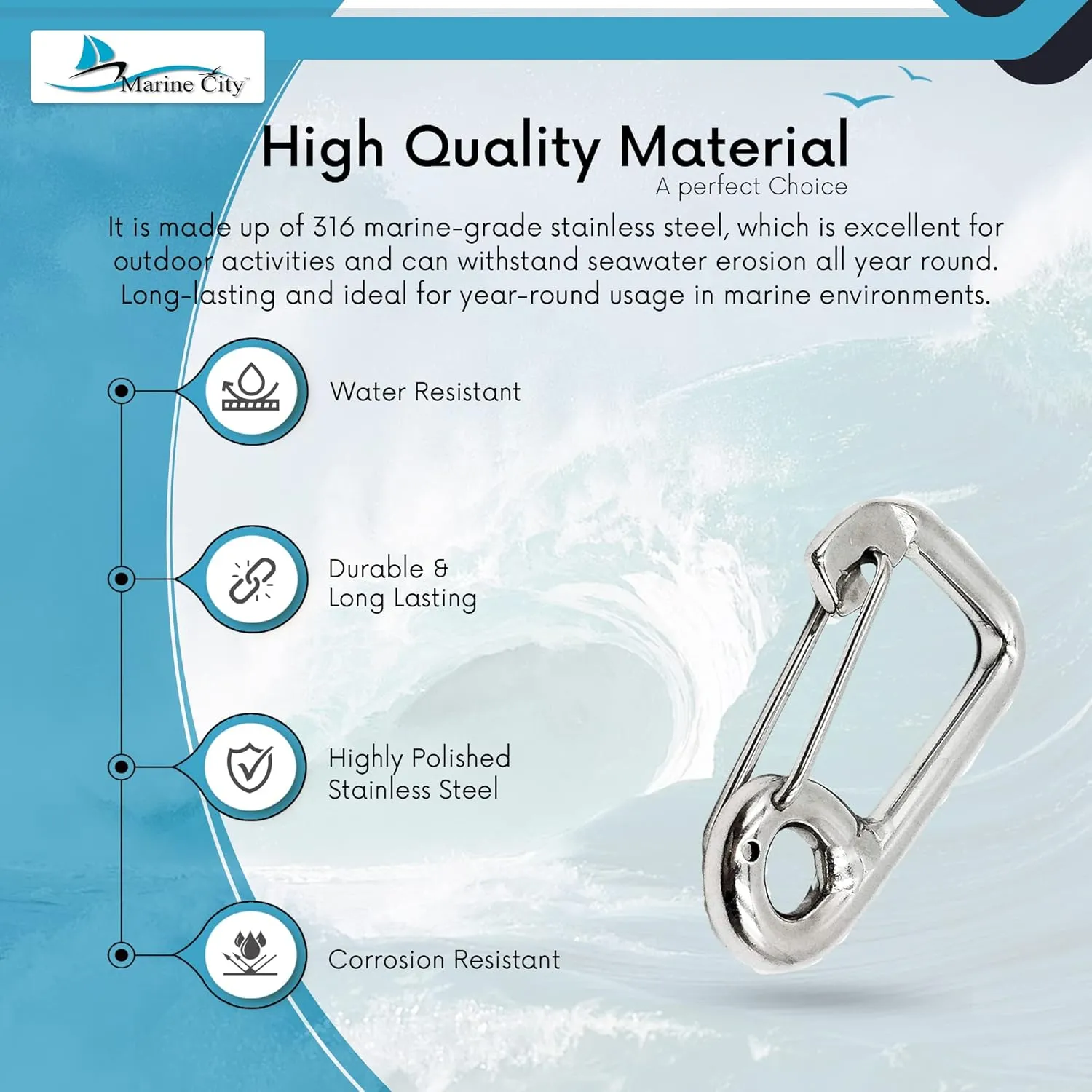 MARINE CITY Heavy Duty 316 Grade Stainless Steel Wire Gate Carabiner Spring Snap Hook for Boats – RVs – Backpacks – Camping – Hiking
