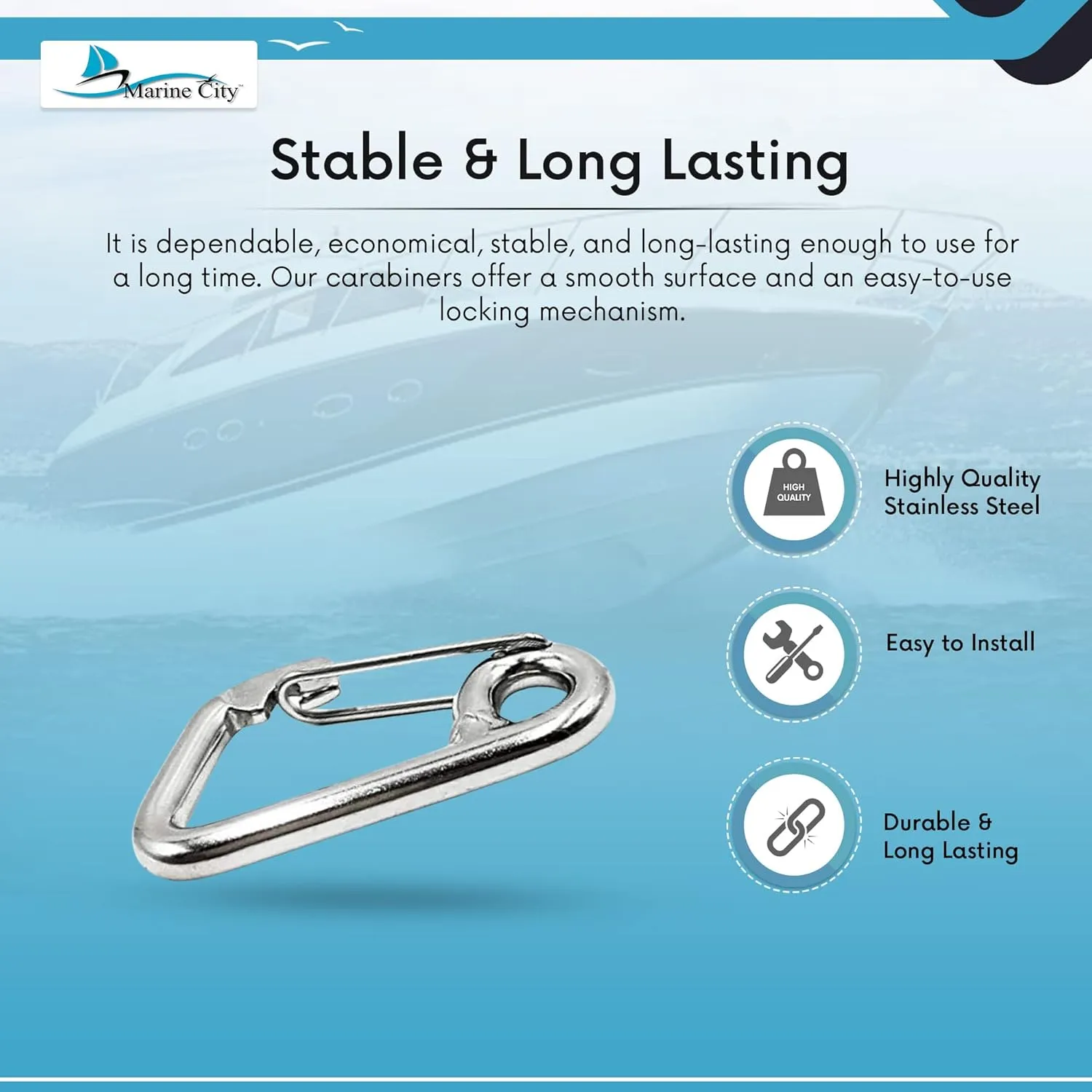 MARINE CITY Heavy Duty 316 Grade Stainless Steel Wire Gate Carabiner Spring Snap Hook for Boats – RVs – Backpacks – Camping – Hiking
