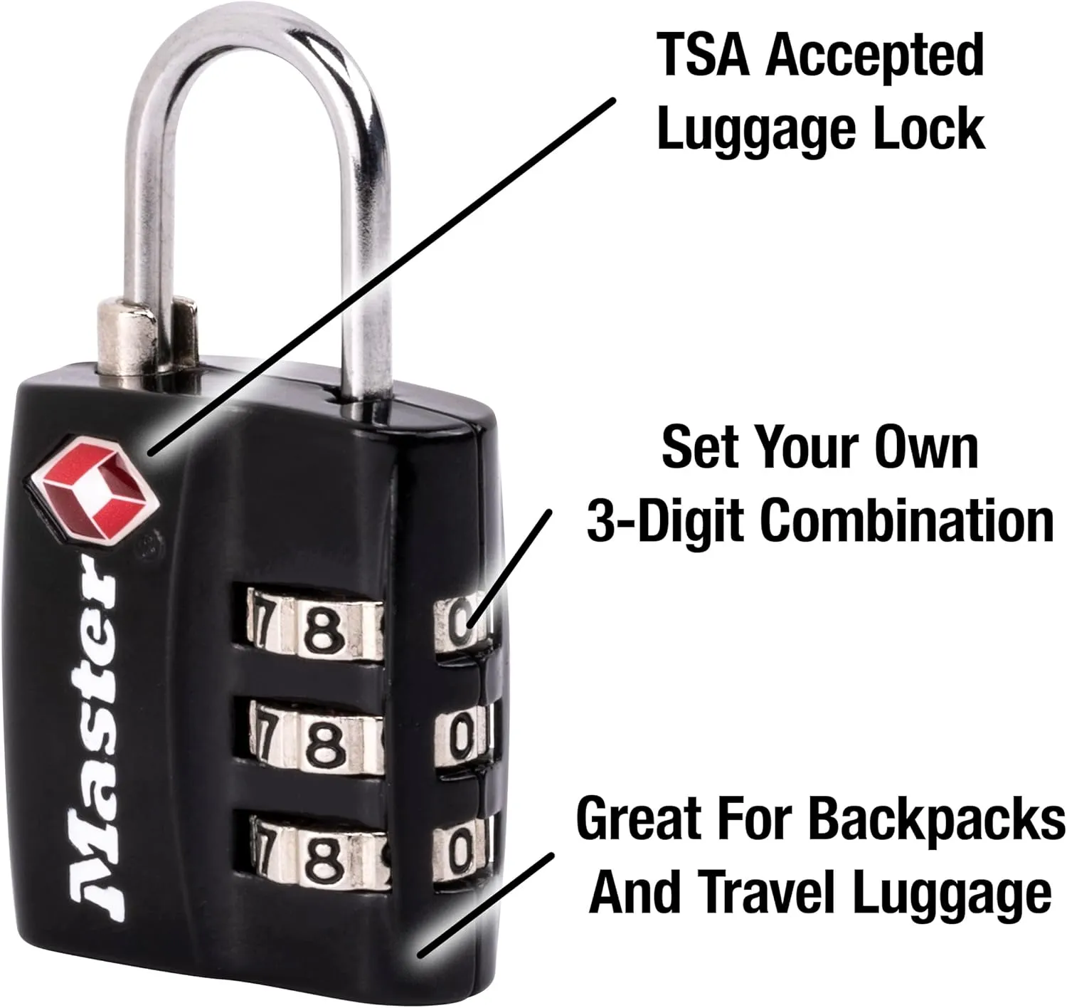 Master Lock 4680DBLK TSA-Approved Luggage Lock, 1-3/16-in. Wide, Black & TSA Set Your Own Combination Luggage Lock, Approved for Backpacks, Bags and Luggage, Colors May Vary