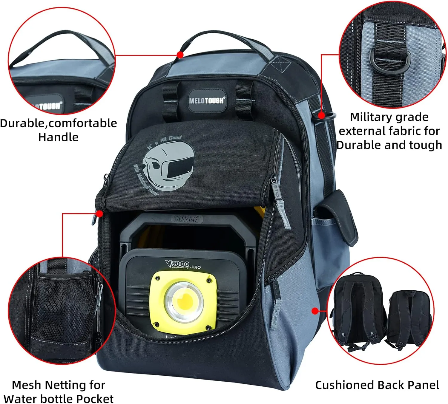 MELOTOUGH Backpack, Welding Bag for Tools and Helmet, Extreme Gear Pack, Large Capacity, Grey
