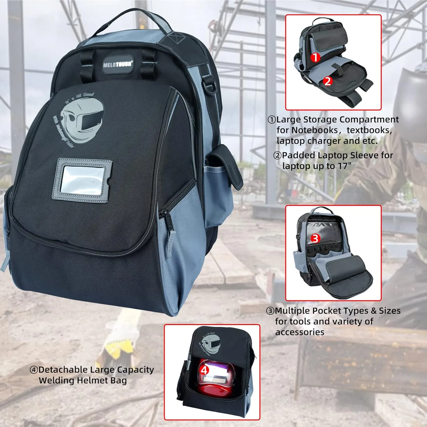 MELOTOUGH Backpack, Welding Bag for Tools and Helmet, Extreme Gear Pack, Large Capacity, Grey