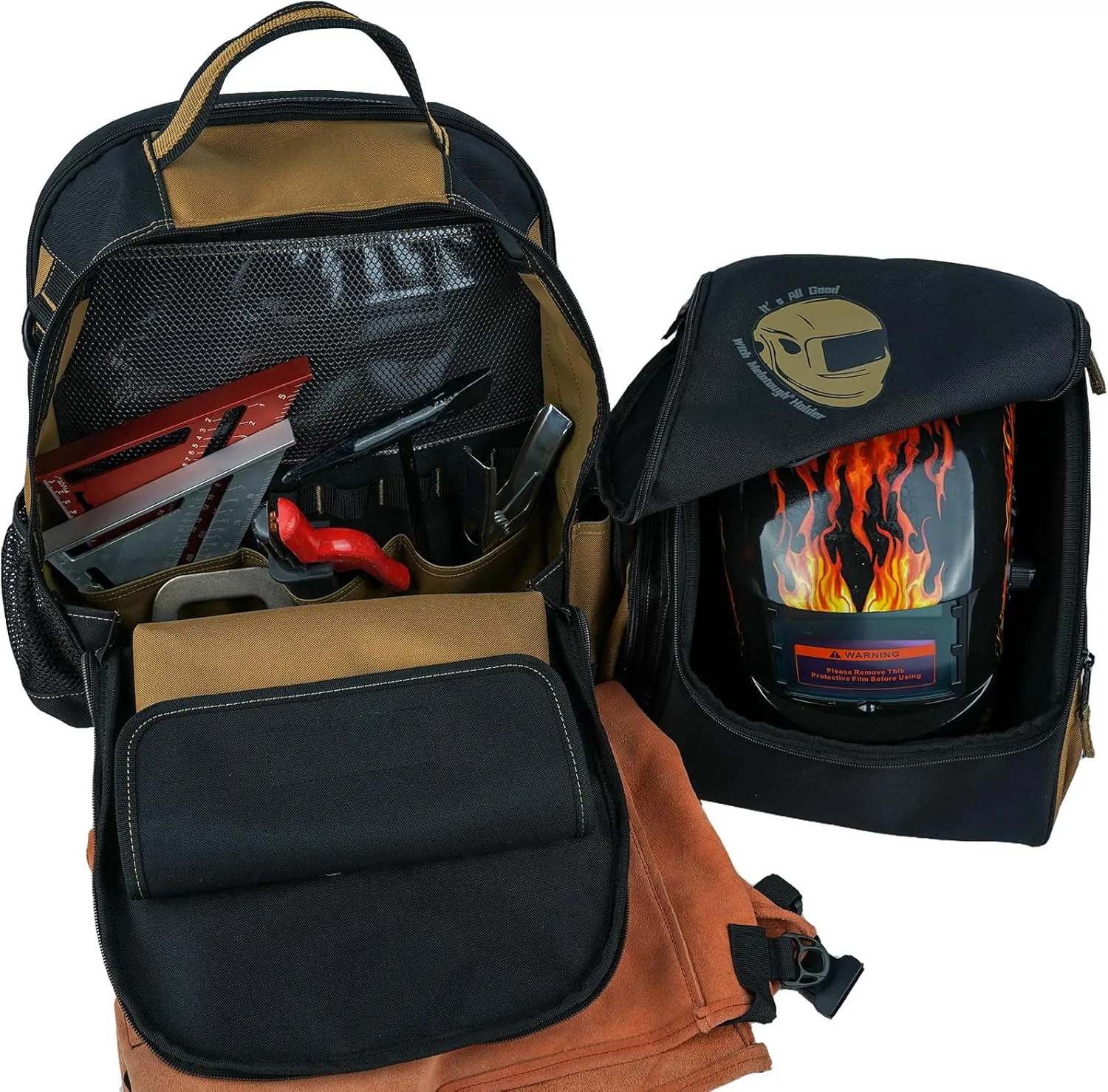 MELOTOUGH Welding Backpack for Tools and Helmet Extreme Gear Pack with Large Capacity Helmet Holder Luggage Storage Bag(Khaki
