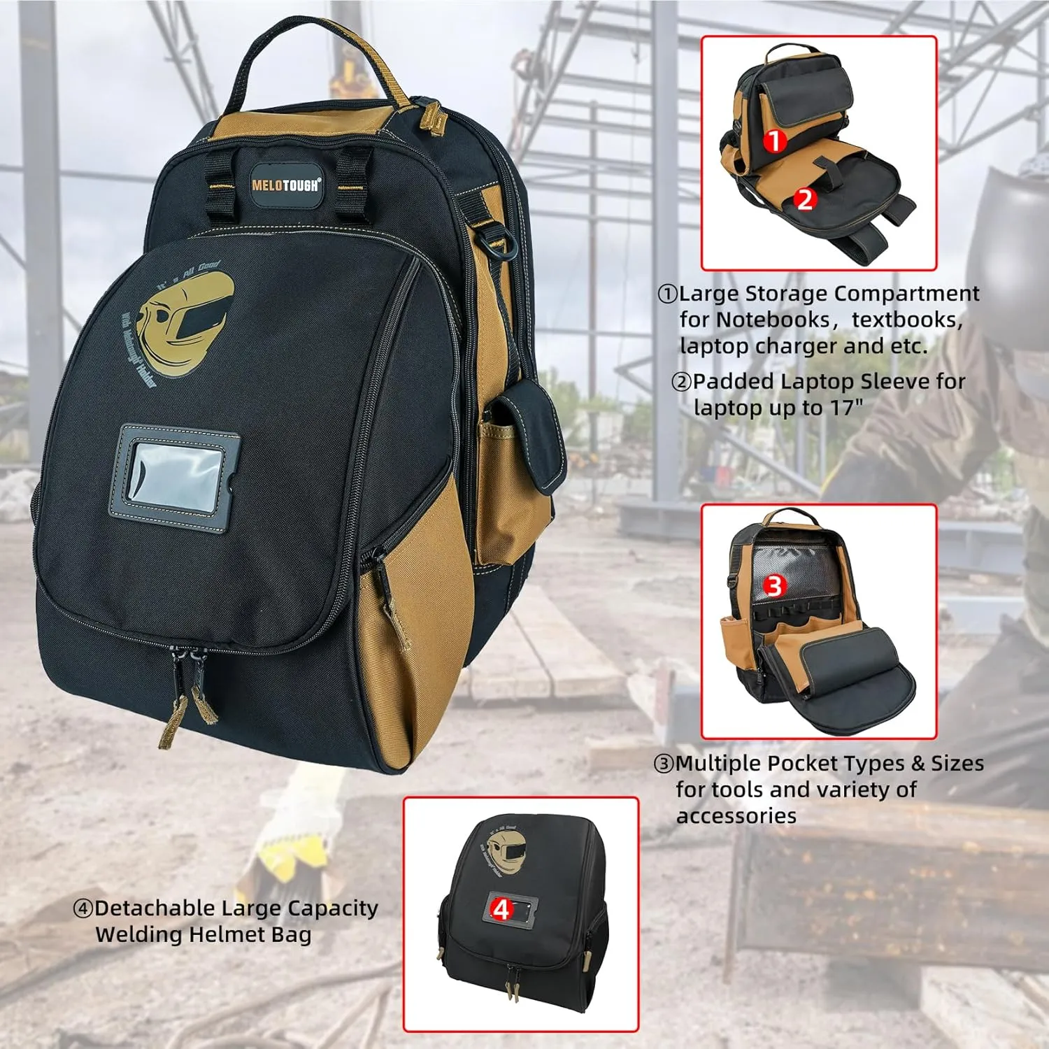 MELOTOUGH Welding Backpack for Tools and Helmet Extreme Gear Pack with Large Capacity Helmet Holder Luggage Storage Bag(Khaki