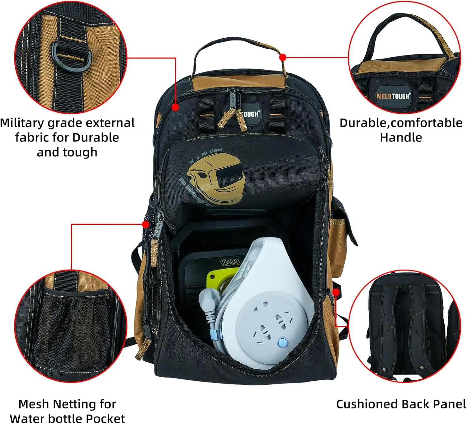 MELOTOUGH Welding Backpack for Tools and Helmet Extreme Gear Pack with Large Capacity Helmet Holder Luggage Storage Bag(Khaki