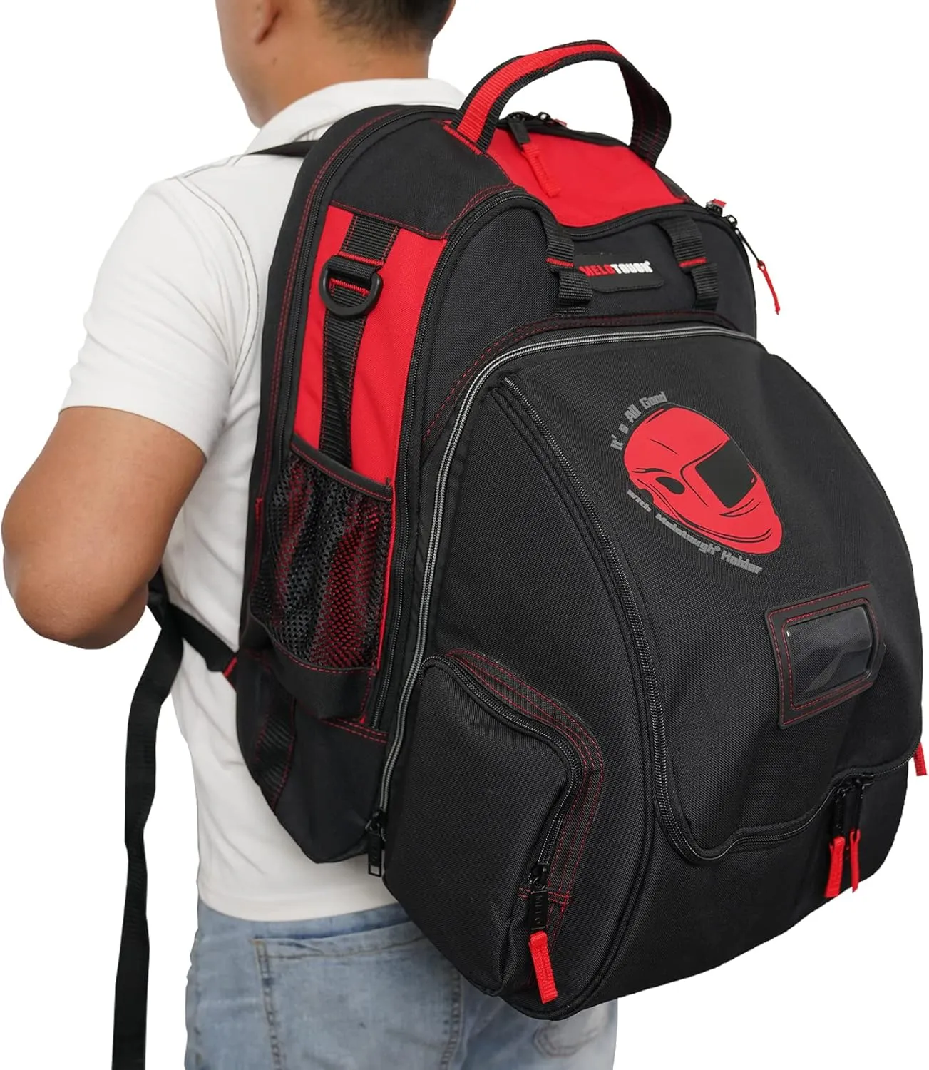 MELOTOUGH Welding Tool backpack Extreme Gear Pack with Large Capacity Helmet Holder Luggage Storage Bag(Red）