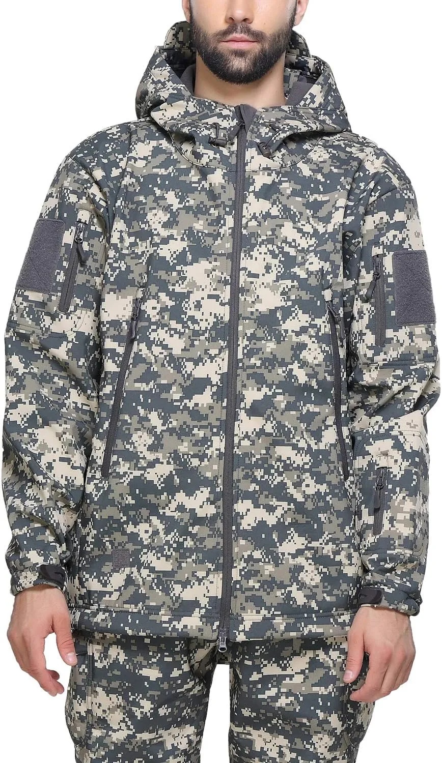 Men Softshell Tactical Jacket Fleece Hooded Coat for Hunting Hiking Fishing Camping