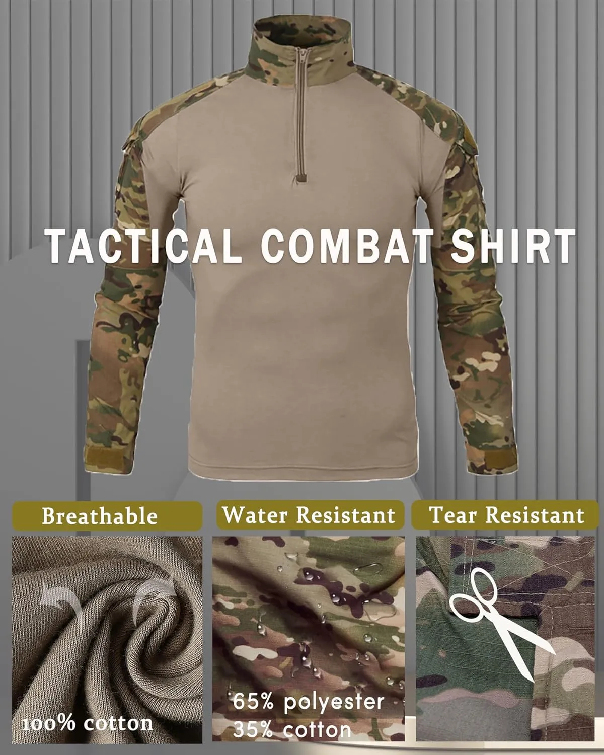 Men's Camo Tactical Combat Shirt, Lightweight Long Sleeve Military BDU Shirts Paintball Airsoft Top with Zipper