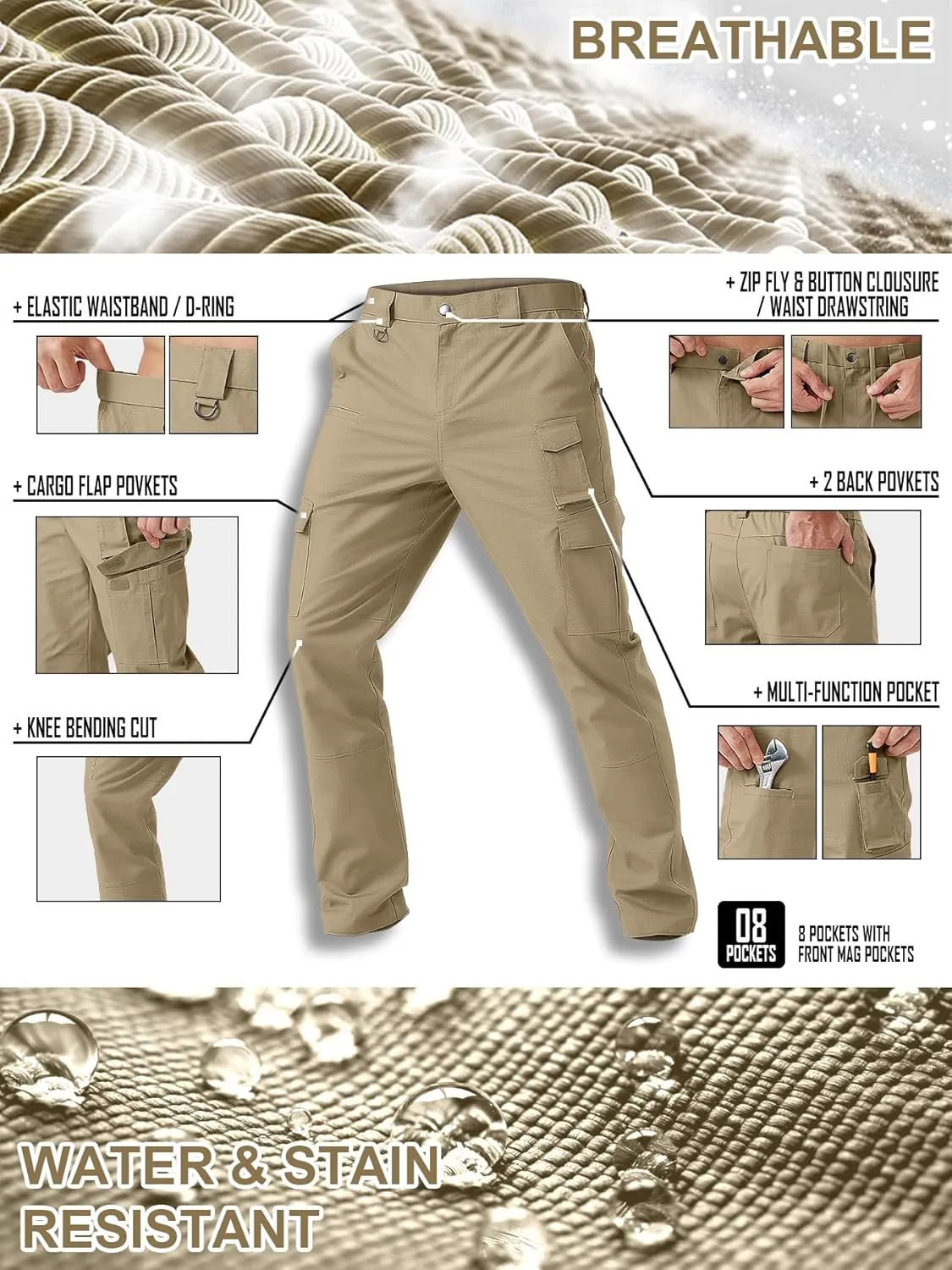 Men's Cargo Work Pants Water Resistant Tactical Pants 29"/31"/33" Lightweight Hiking Ripstop Pants Outdoor Apparel