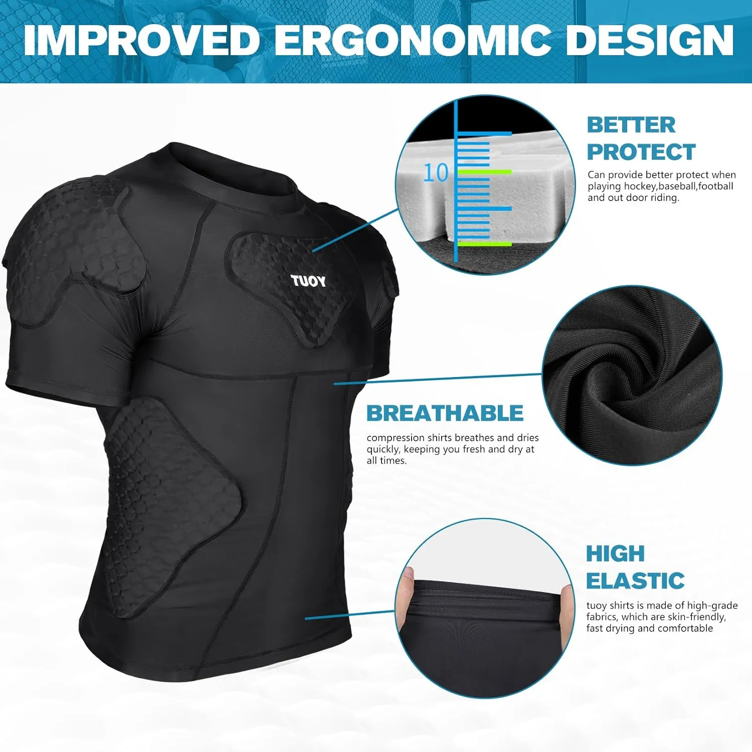 Men's Padded Compression Shirt Football Rib Protectors for Baseball Football Basketball Protective Gear Black