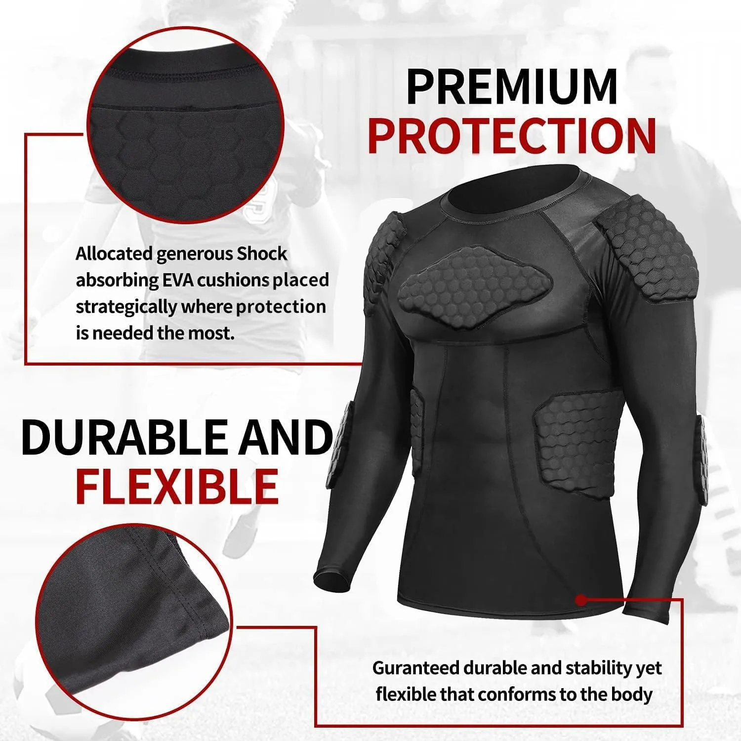 Mens Padded Compression Shirt Football Rib Protectors - Mens Long Sleeve Padded Football Shirt Protective Gear Chest Rib Protectors