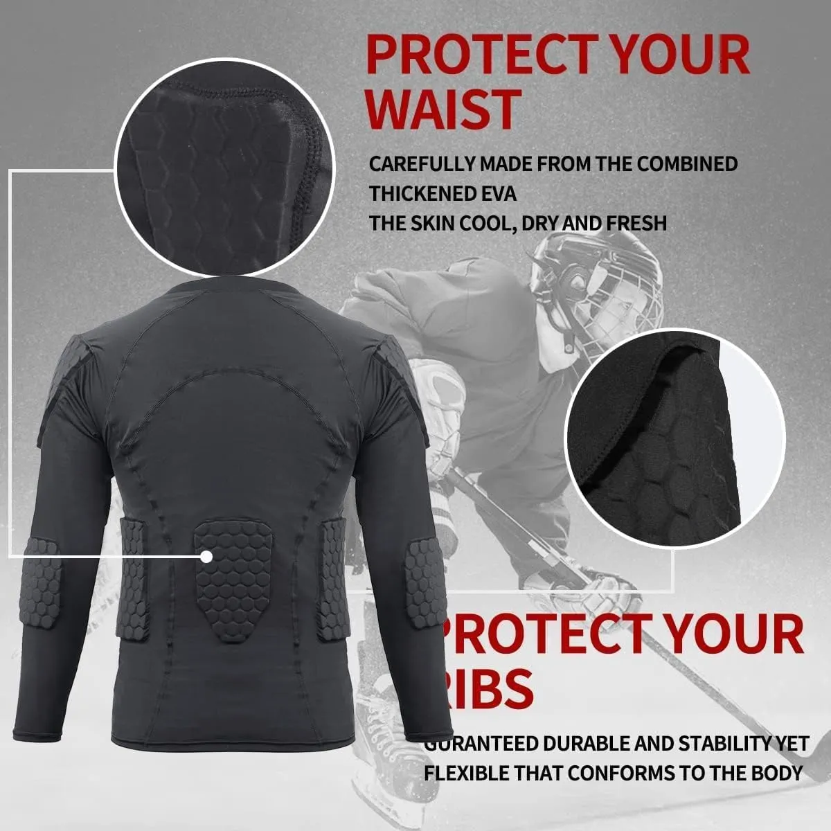 Mens Padded Compression Shirt Football Rib Protectors - Mens Long Sleeve Padded Football Shirt Protective Gear Chest Rib Protectors