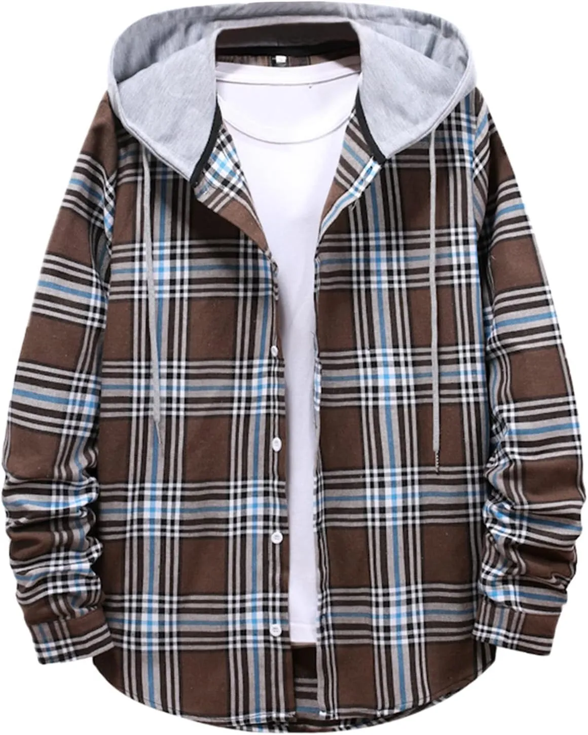 Men's Plaid Hooded Shirts Shirt Hooded Collar Long Sleeve Shirt Blouse Coat with Zipper Casual Loose Thicken