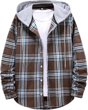 Men's Plaid Hooded Shirts Shirt Hooded Collar Long Sleeve Shirt Blouse Coat with Zipper Casual Loose Thicken