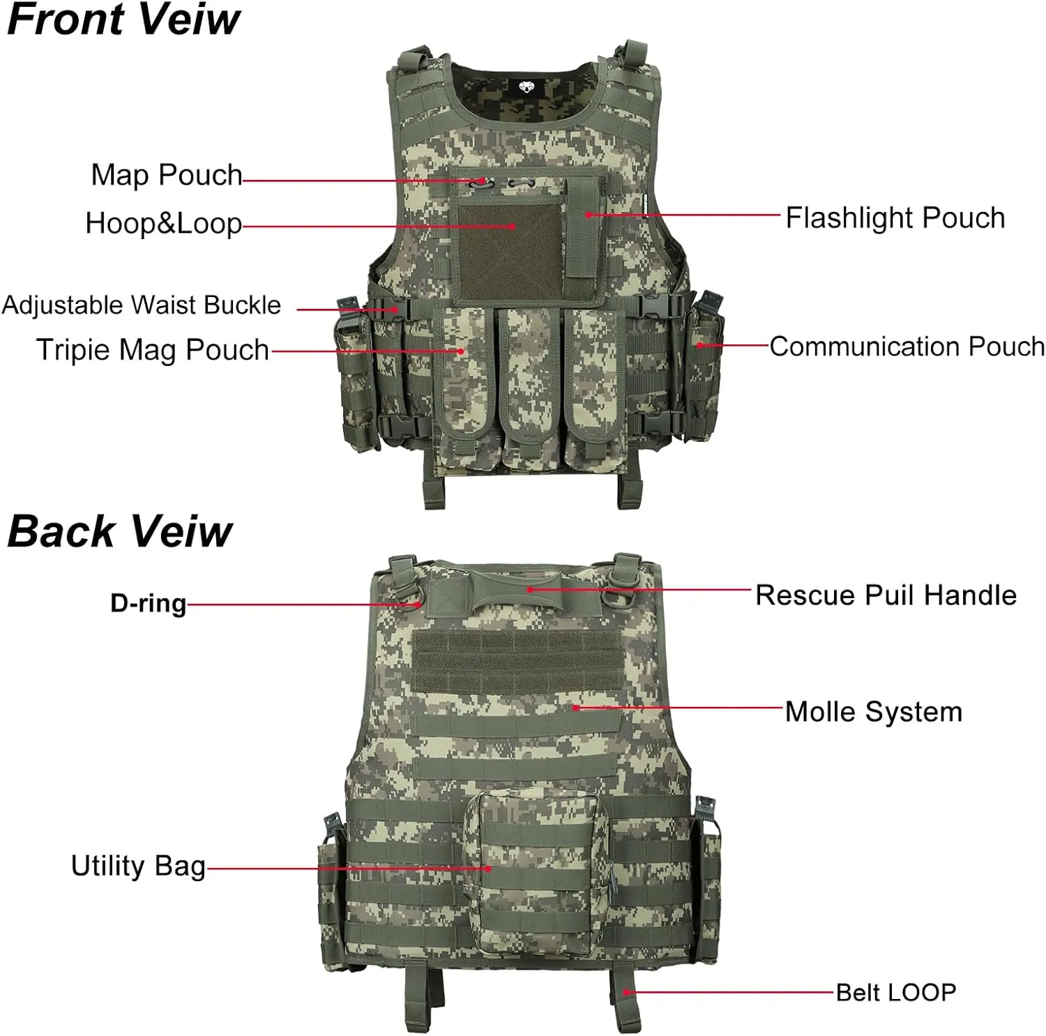 MGFLASHFORCE Tactical Airsoft Vest Adjustable Modular Paintball Vest