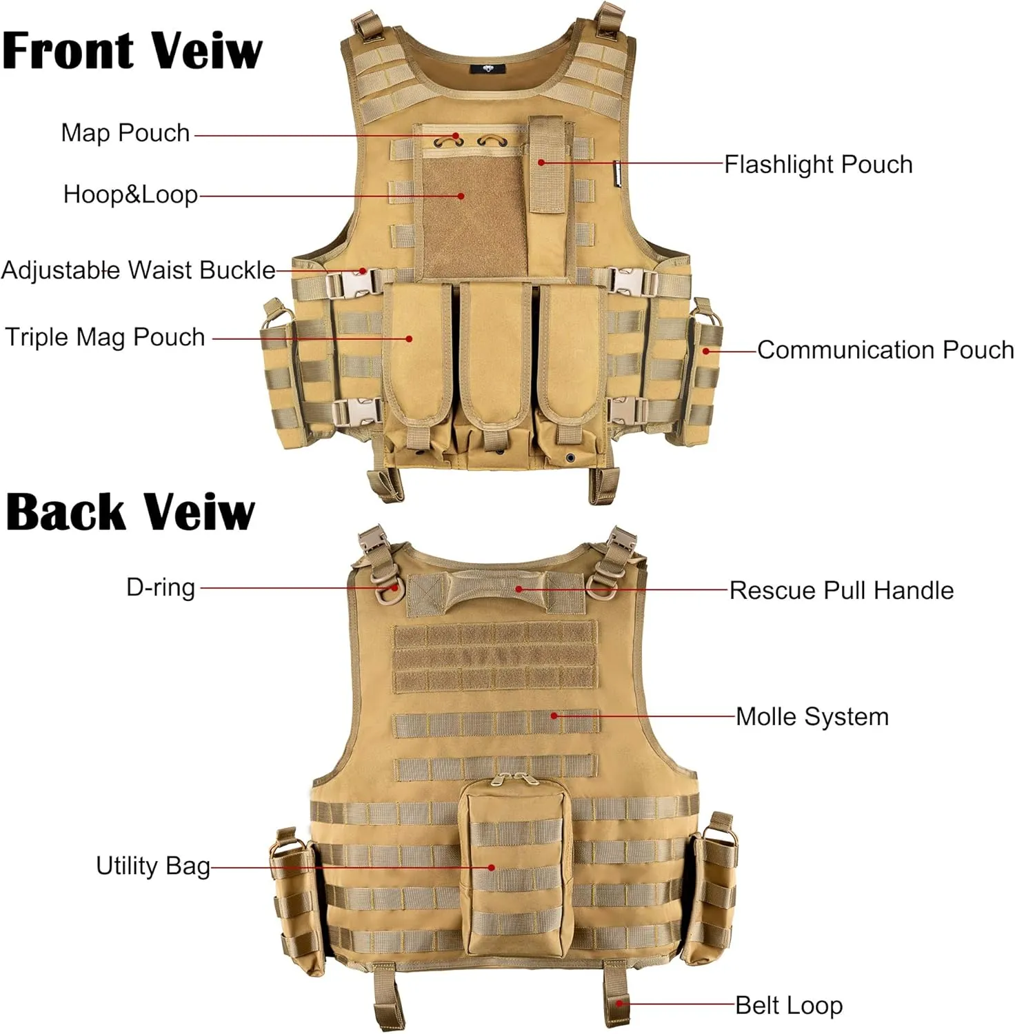 MGFLASHFORCE Tactical Airsoft Vest Adjustable Modular Paintball Vest