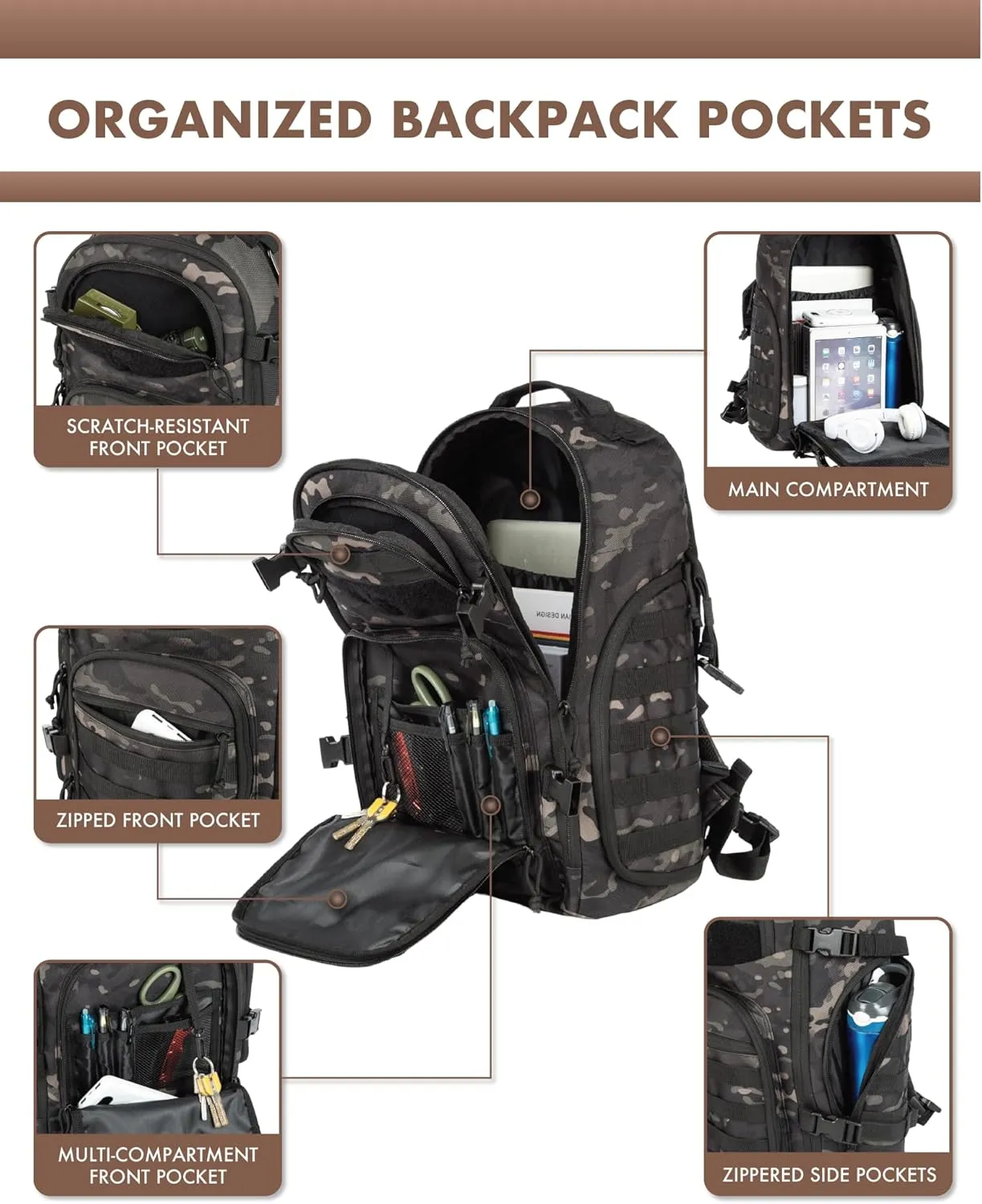 Military Tactical Backpack for Men, 35L Tactical Laptop Backpack, Tactical Bag Bug Out Bag, Army 3 Days Assault Pack - Black&Camo