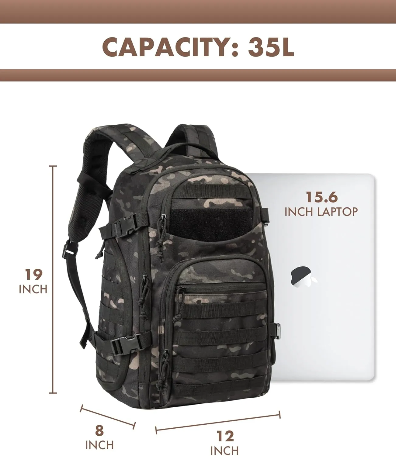 Military Tactical Backpack for Men, 35L Tactical Laptop Backpack, Tactical Bag Bug Out Bag, Army 3 Days Assault Pack - Black&Camo